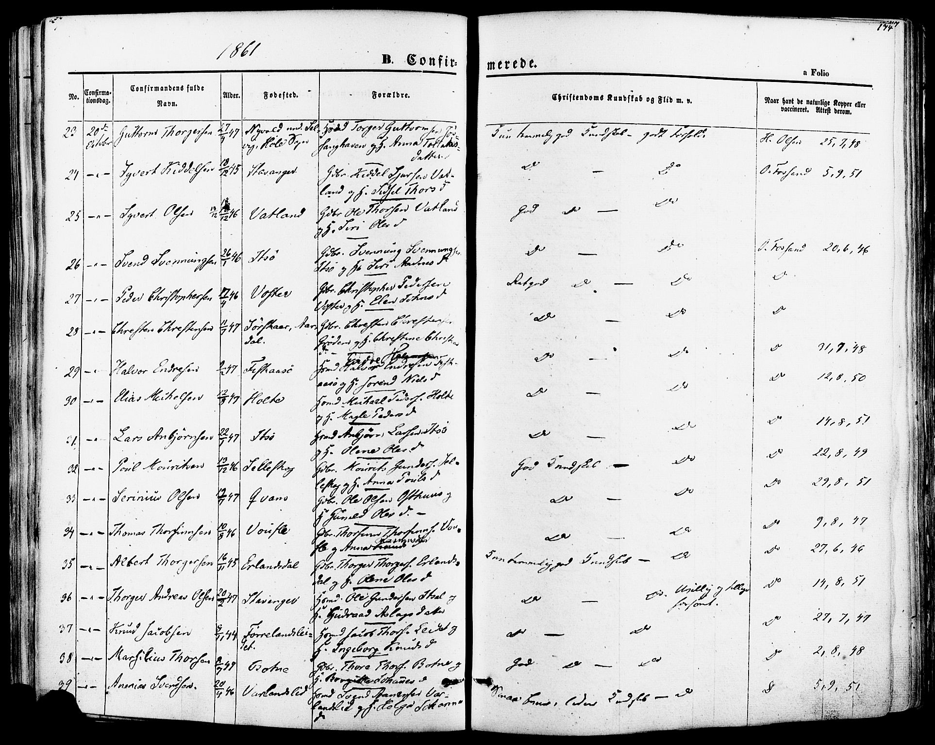 Strand sokneprestkontor, AV/SAST-A-101828/H/Ha/Haa/L0007: Parish register (official) no. A 7, 1855-1881, p. 174