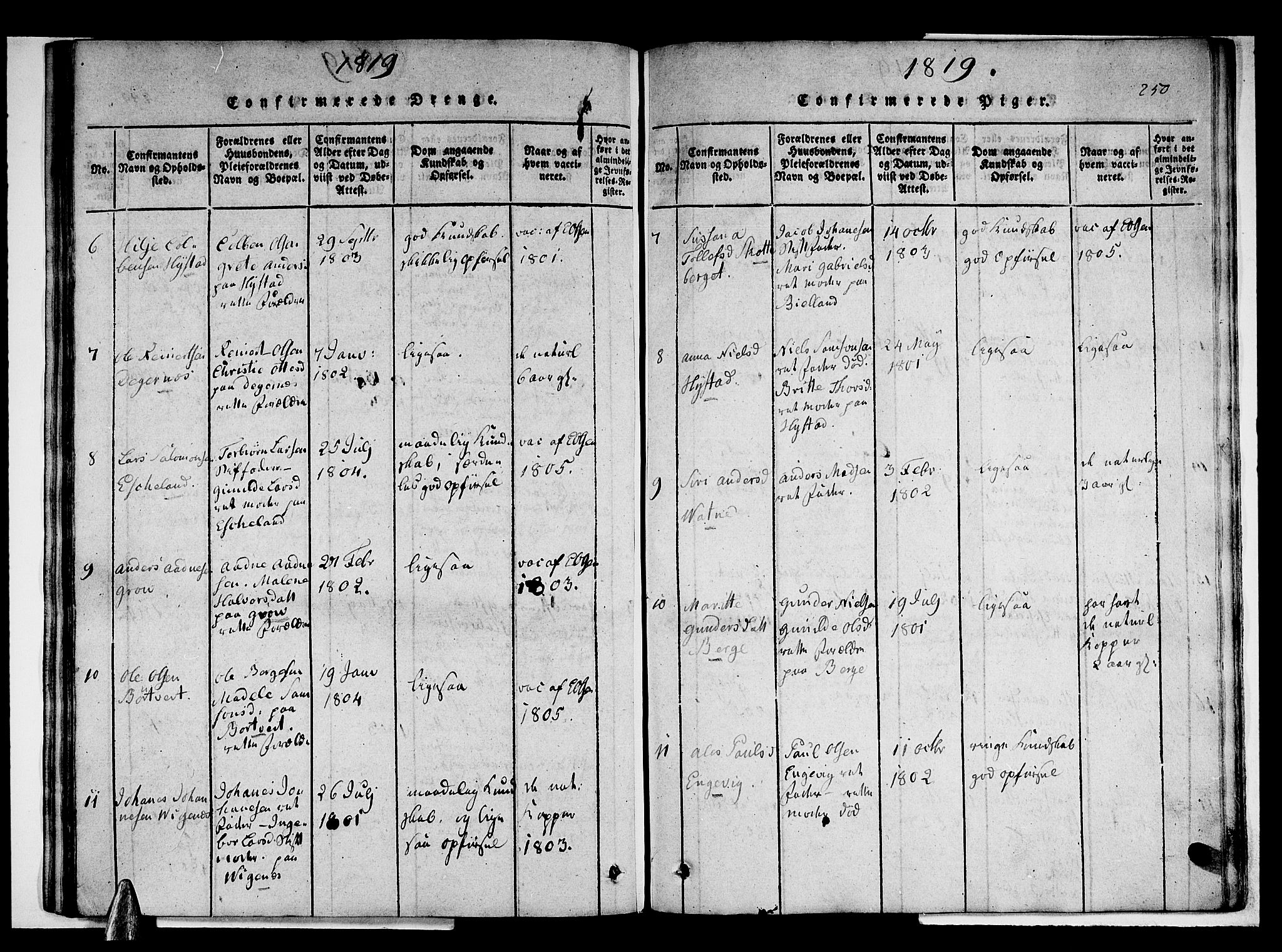 Stord sokneprestembete, AV/SAB-A-78201/H/Haa: Parish register (official) no. A 5, 1816-1825, p. 250