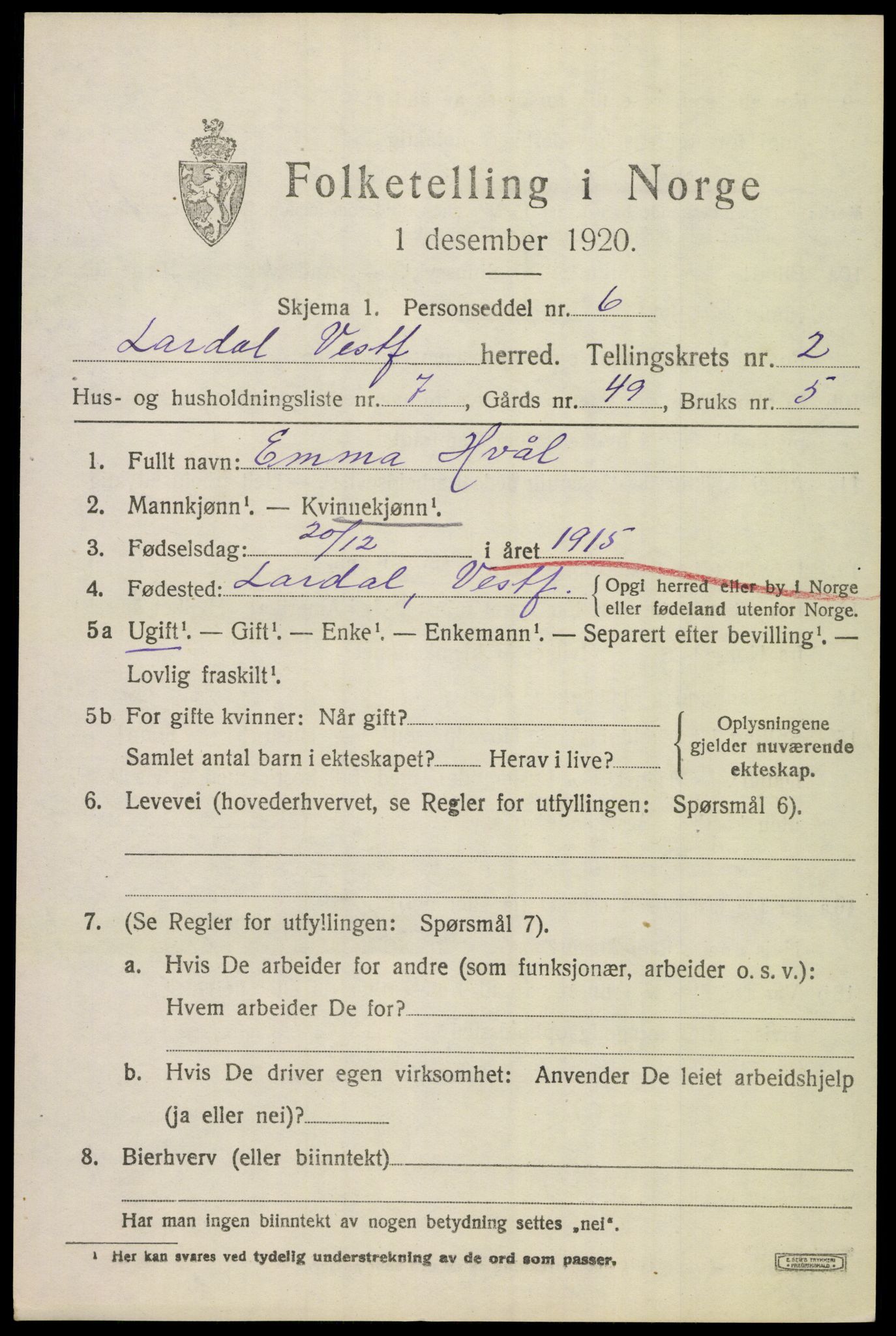 SAKO, 1920 census for Lardal, 1920, p. 2031