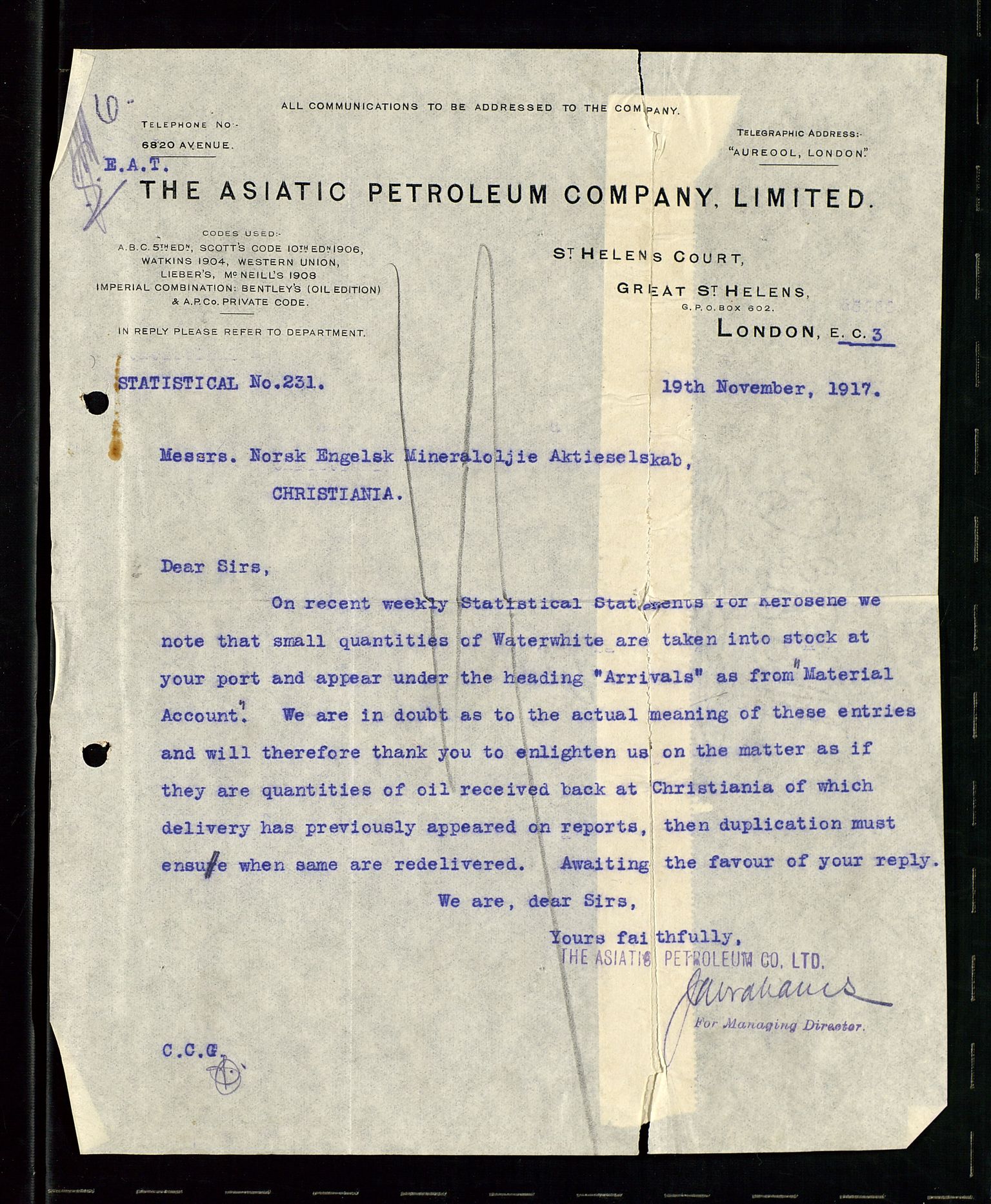 Pa 1521 - A/S Norske Shell, AV/SAST-A-101915/E/Ea/Eaa/L0001: Sjefskorrespondanse, 1917, p. 165