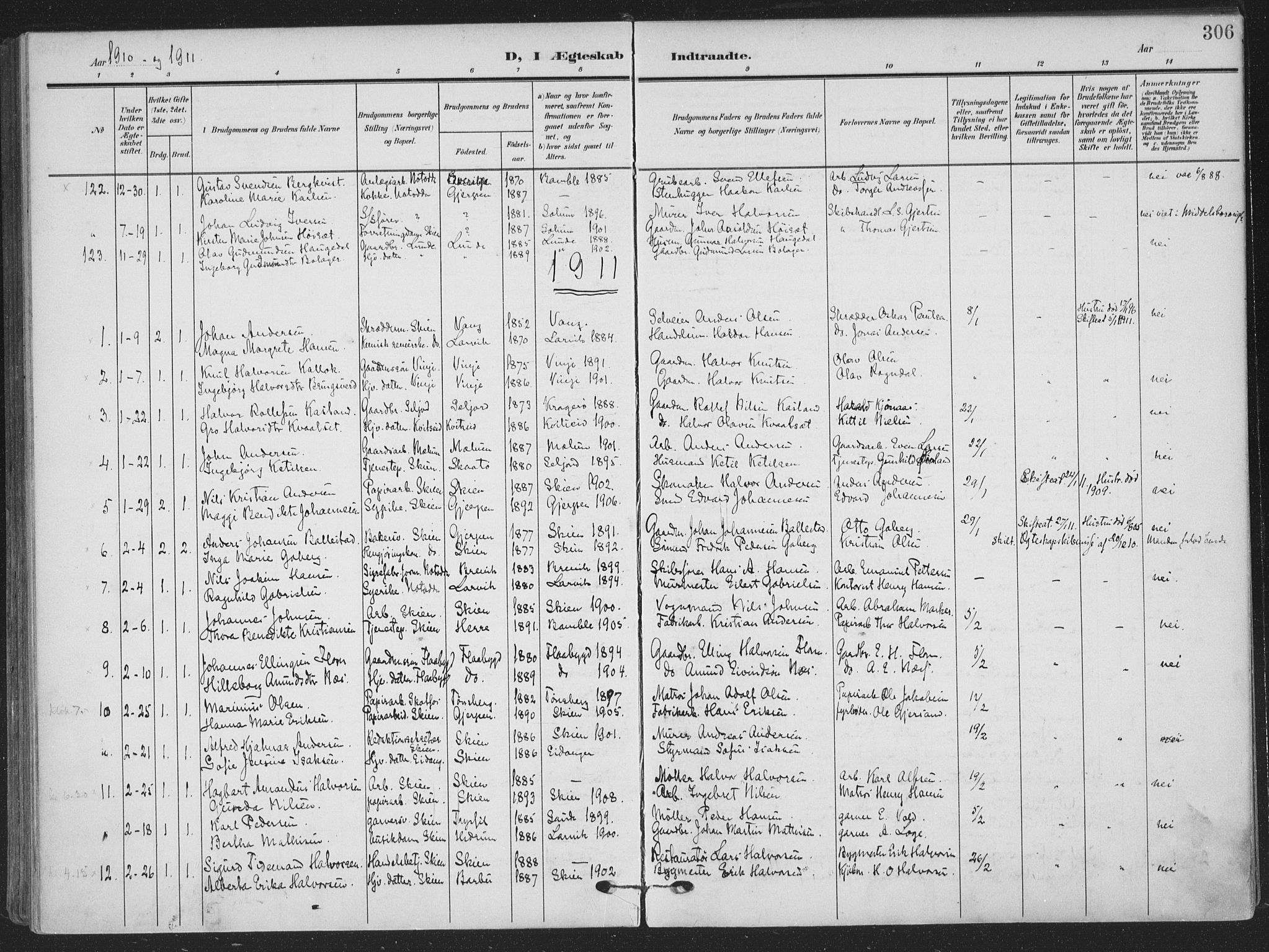 Skien kirkebøker, SAKO/A-302/F/Fa/L0012: Parish register (official) no. 12, 1908-1914, p. 306