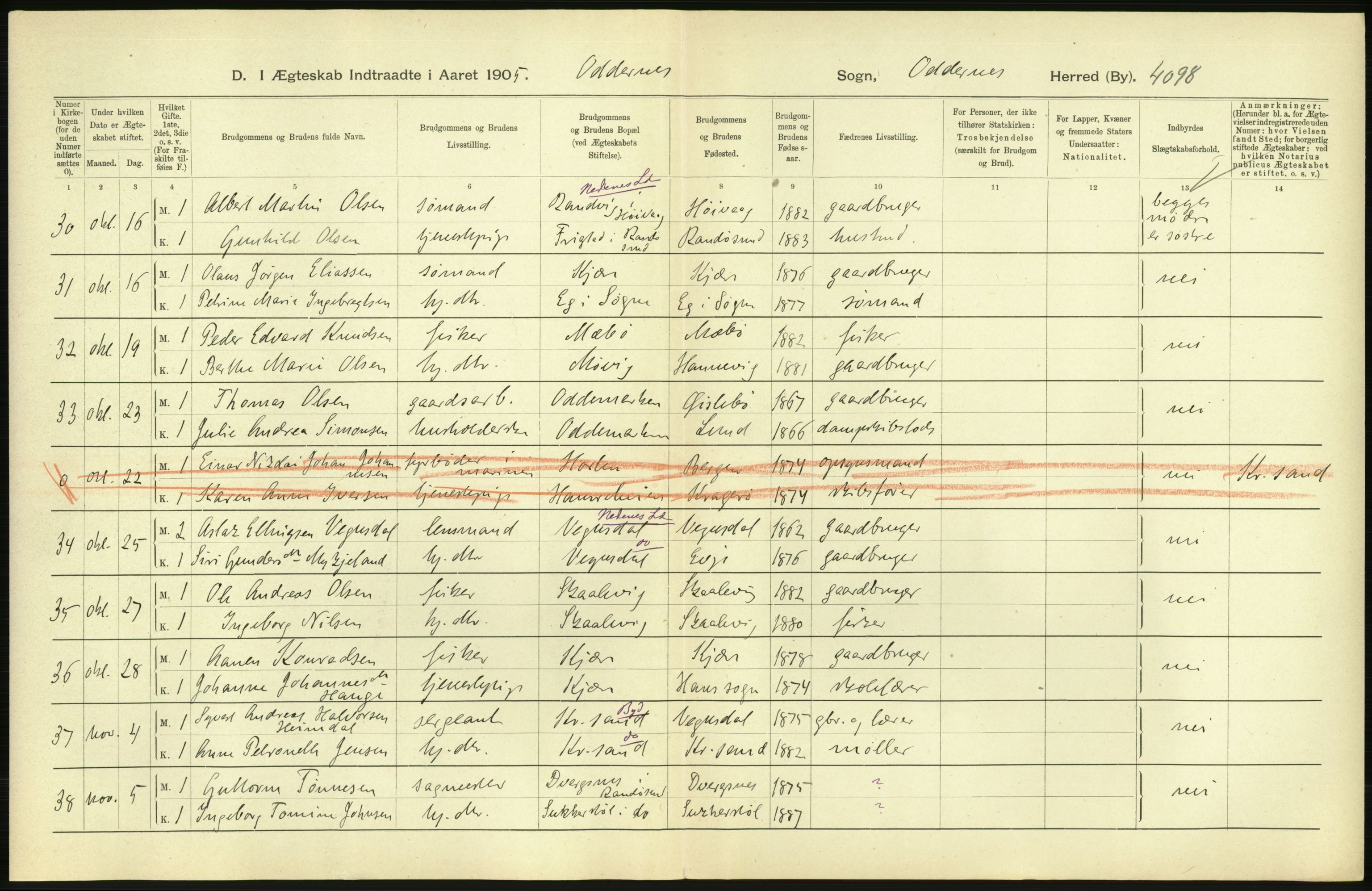 Statistisk sentralbyrå, Sosiodemografiske emner, Befolkning, AV/RA-S-2228/D/Df/Dfa/Dfac/L0020: Lister og Mandals amt: Fødte. Bygder, 1905, p. 12