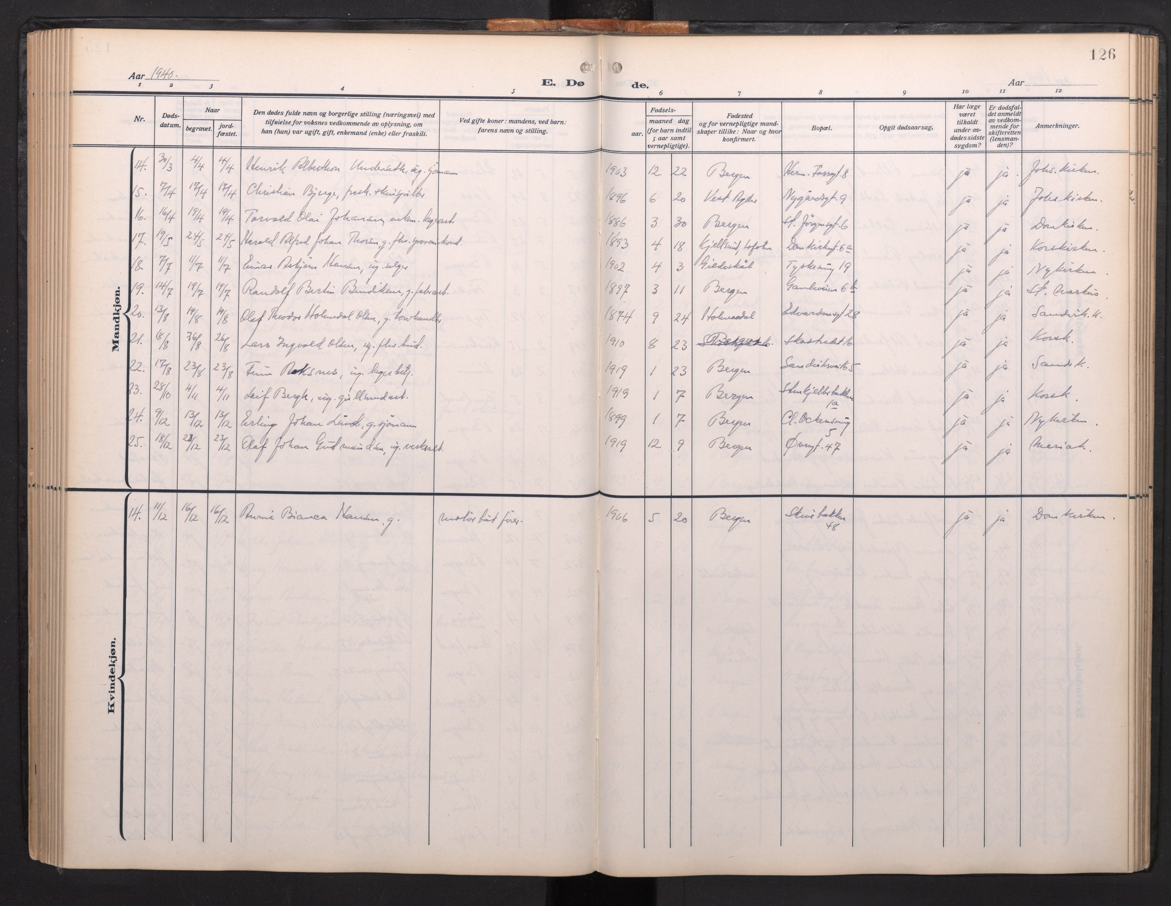 Arkivreferanse mangler*, SAB/-: Parish register (official) no. A 1, 1912-1957, p. 125b-126a