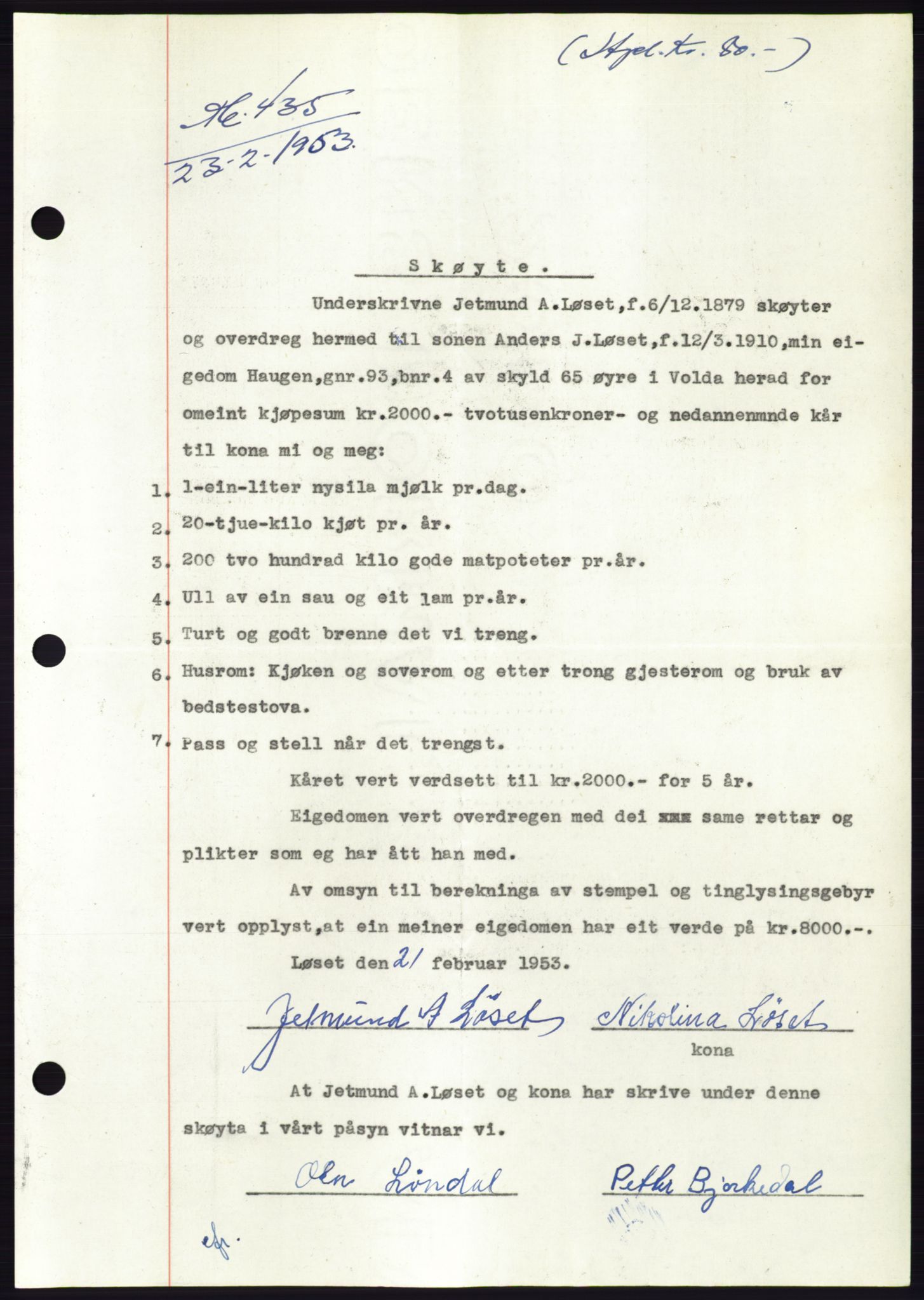 Søre Sunnmøre sorenskriveri, AV/SAT-A-4122/1/2/2C/L0094: Mortgage book no. 20A, 1953-1953, Diary no: : 435/1953