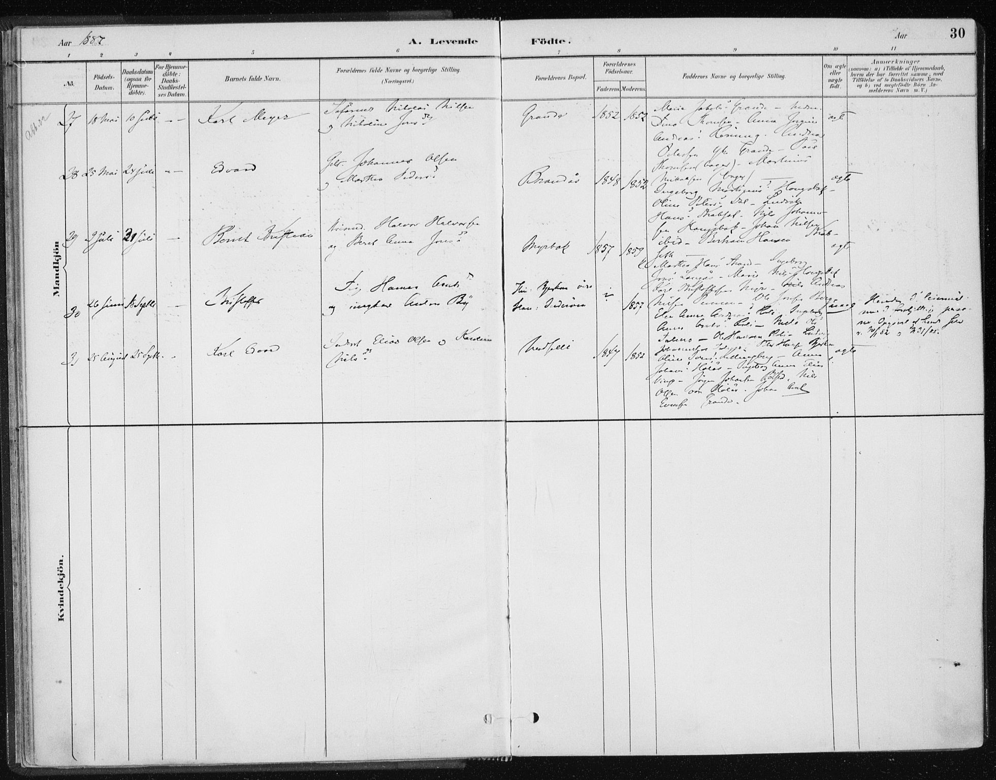 Ministerialprotokoller, klokkerbøker og fødselsregistre - Nord-Trøndelag, AV/SAT-A-1458/701/L0010: Parish register (official) no. 701A10, 1883-1899, p. 30