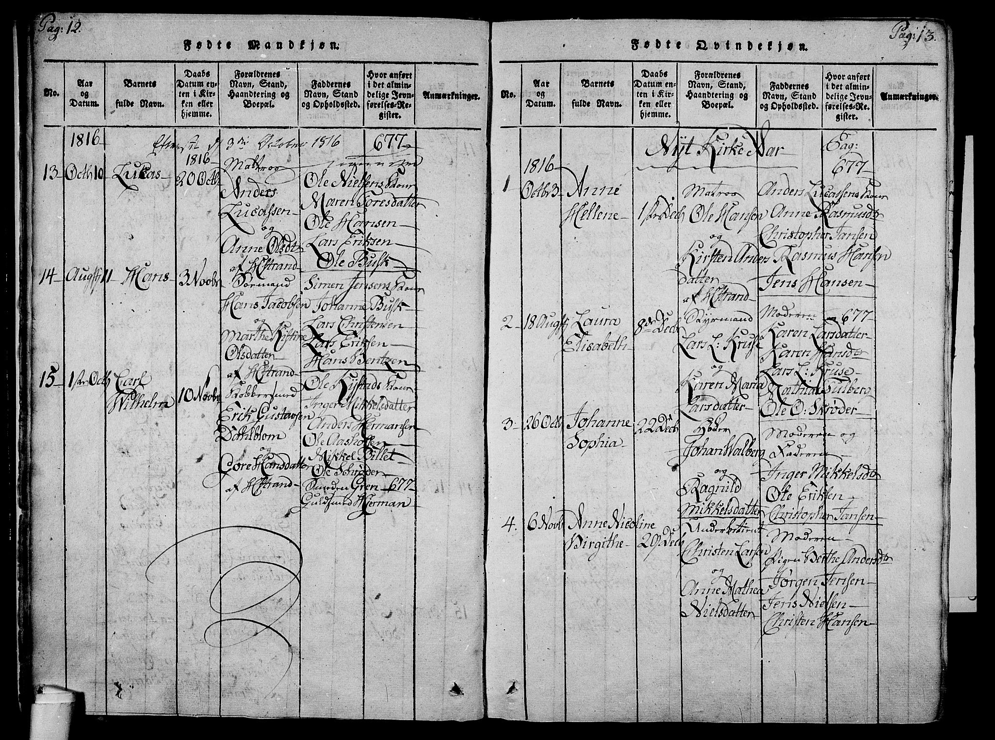 Holmestrand kirkebøker, SAKO/A-346/F/Fa/L0001: Parish register (official) no. 1, 1814-1840, p. 12-13