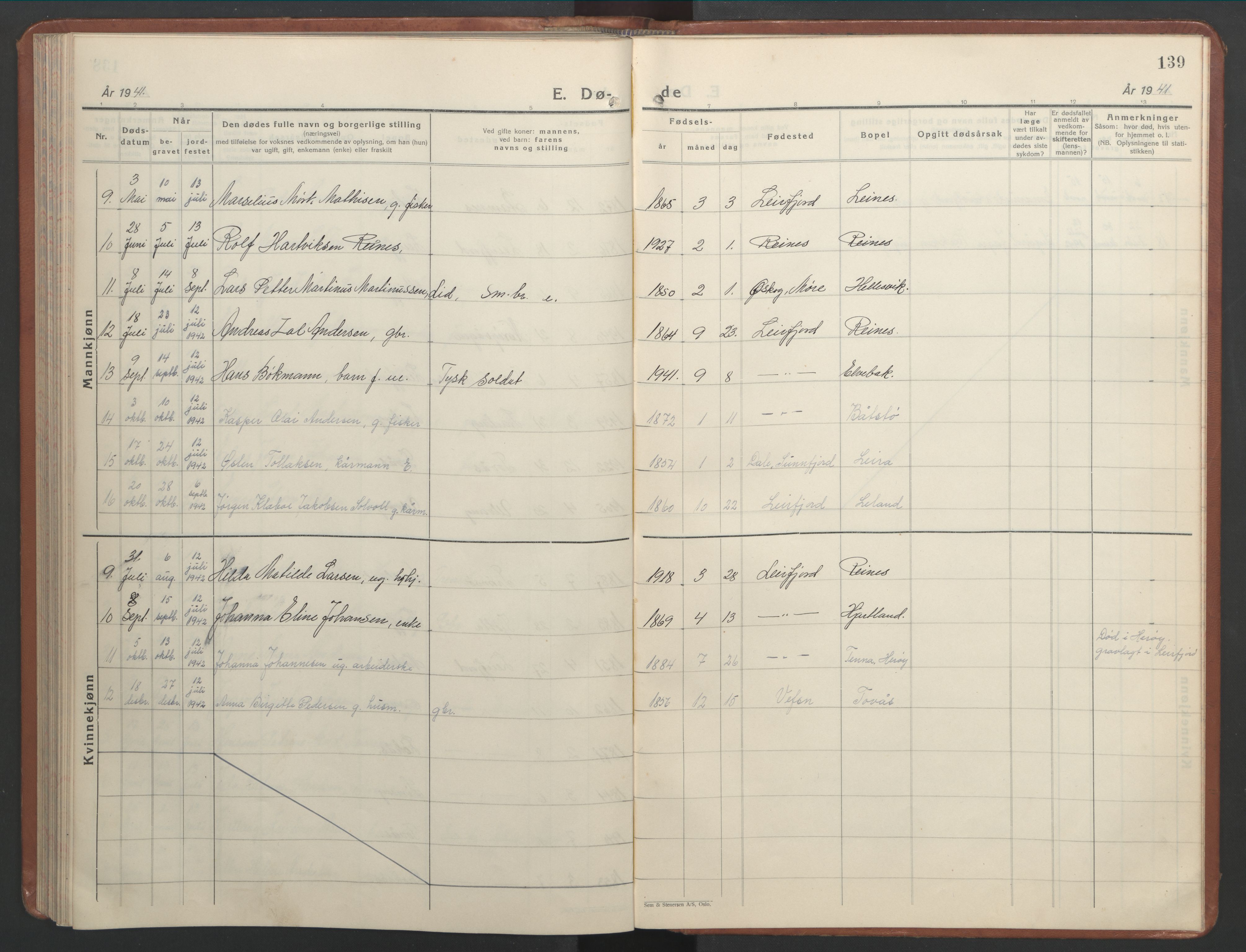 Ministerialprotokoller, klokkerbøker og fødselsregistre - Nordland, AV/SAT-A-1459/832/L0496: Parish register (copy) no. 832C03, 1932-1945, p. 139