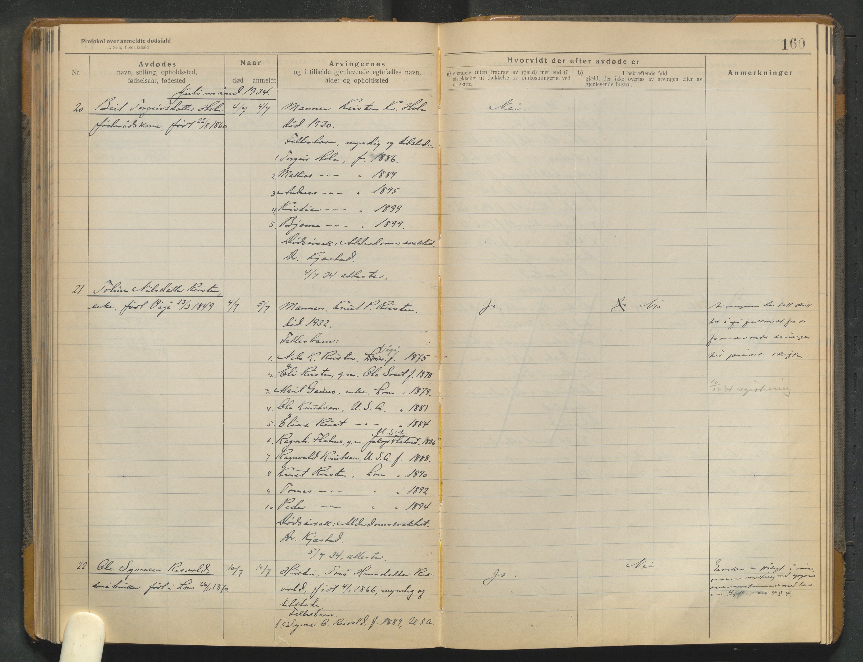 Lom lensmannskontor, AV/SAH-PGL-006/H/Ha/Haa/L0001/0004: Dødsfallsprotokoller / Dødsfallsprotokoll, 1922-1937, p. 160