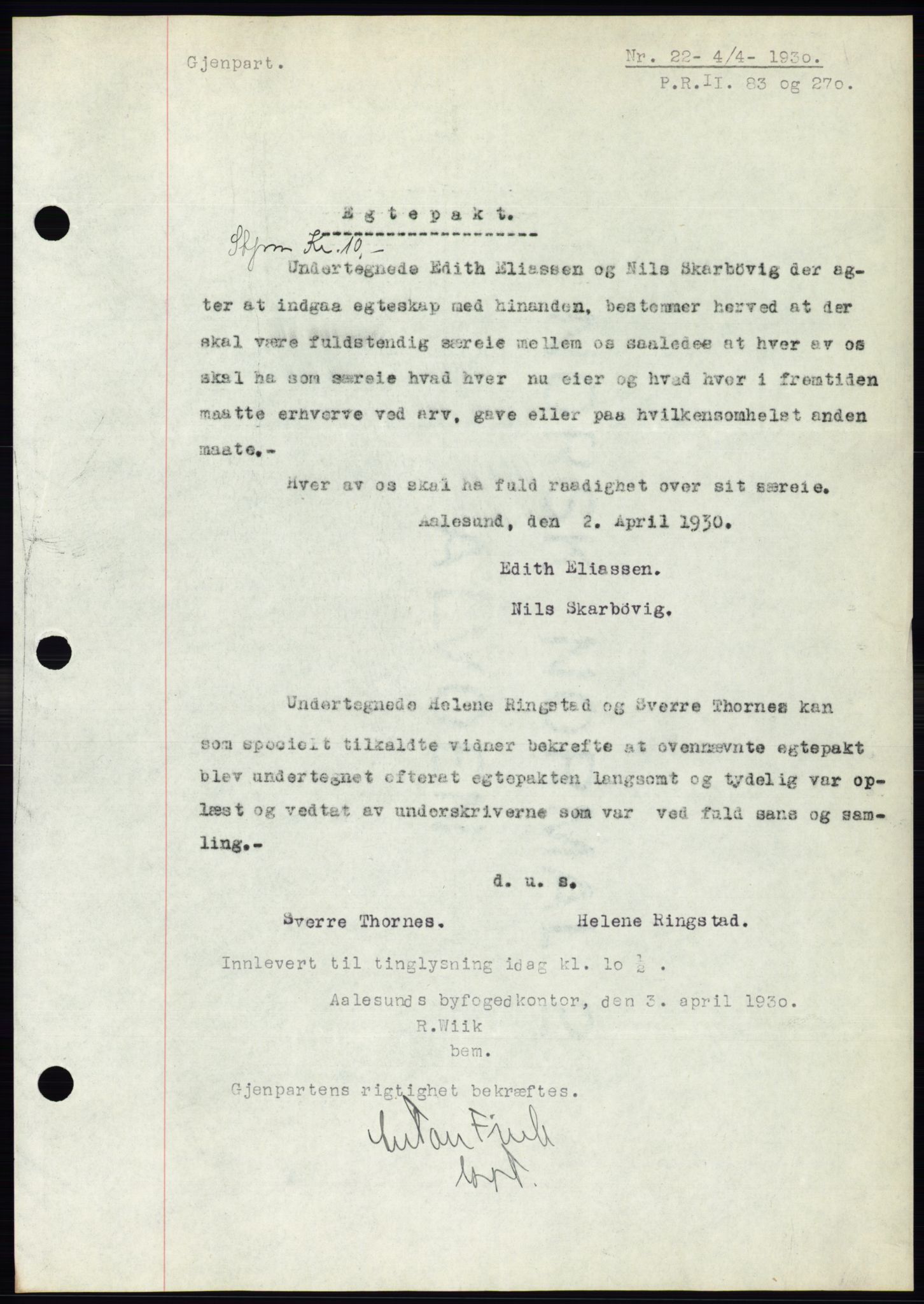 Ålesund byfogd, SAT/A-4384: Mortgage book no. 26, 1930-1930, Deed date: 04.04.1930