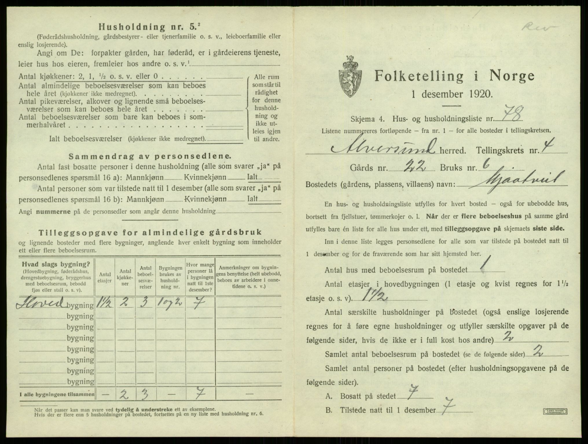 SAB, 1920 census for Alversund, 1920, p. 431