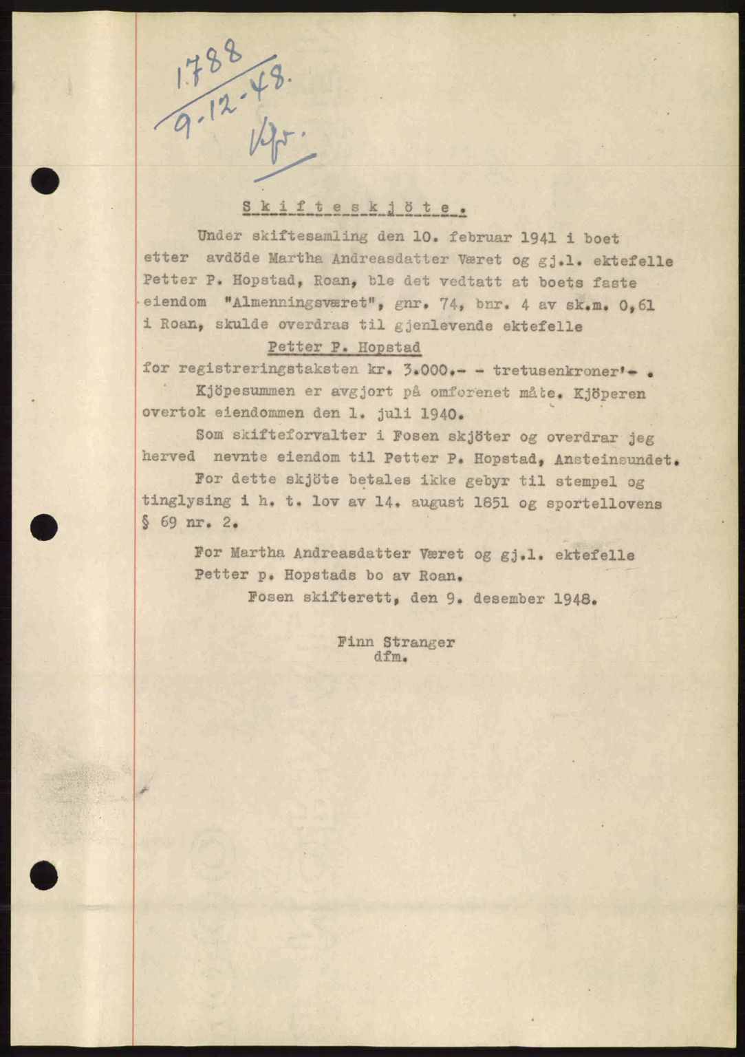 Fosen sorenskriveri, AV/SAT-A-1107/1/2/2C: Mortgage book no. A8, 1948-1948, Diary no: : 1788/1948