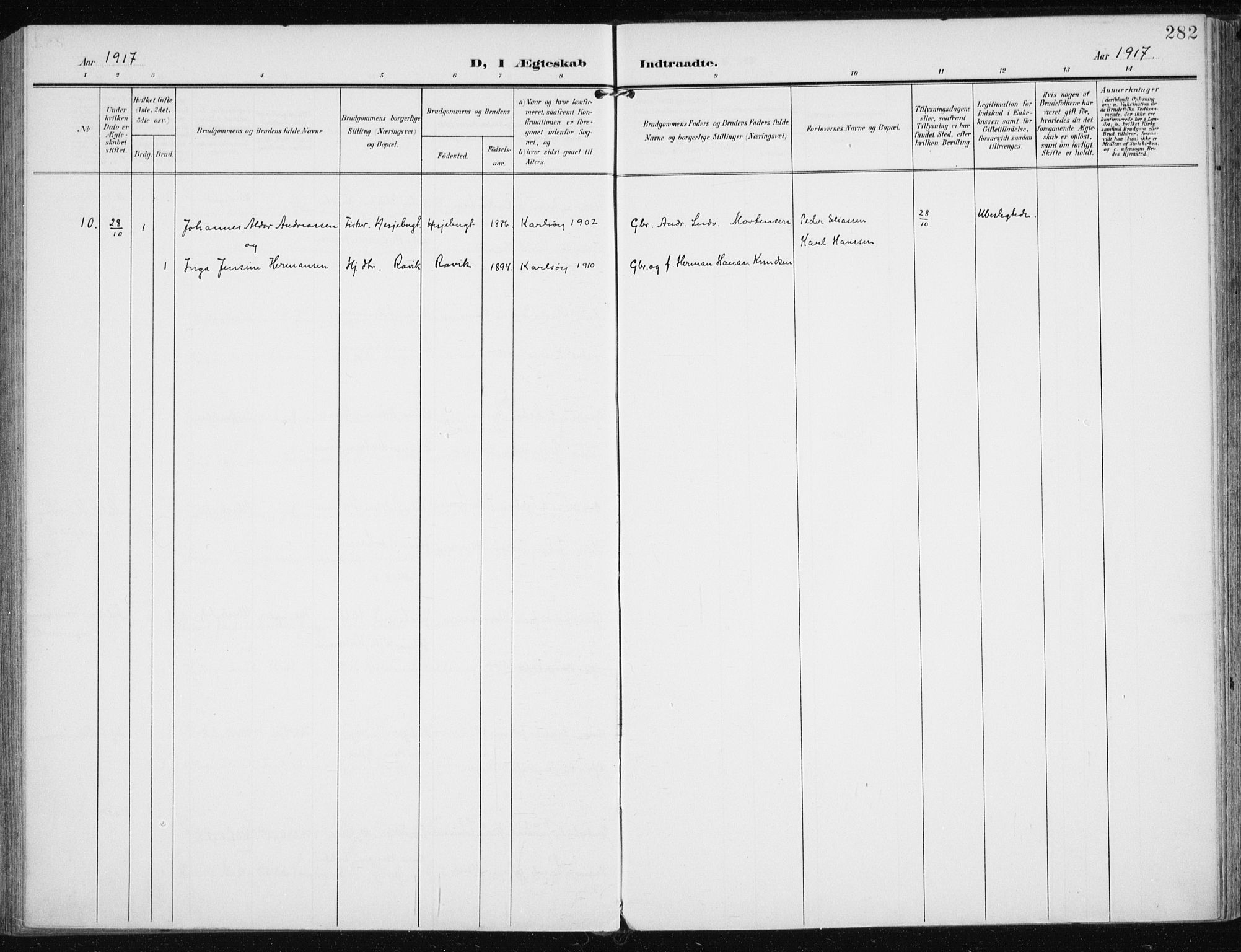 Karlsøy sokneprestembete, SATØ/S-1299/H/Ha/Haa/L0014kirke: Parish register (official) no. 14, 1903-1917, p. 282