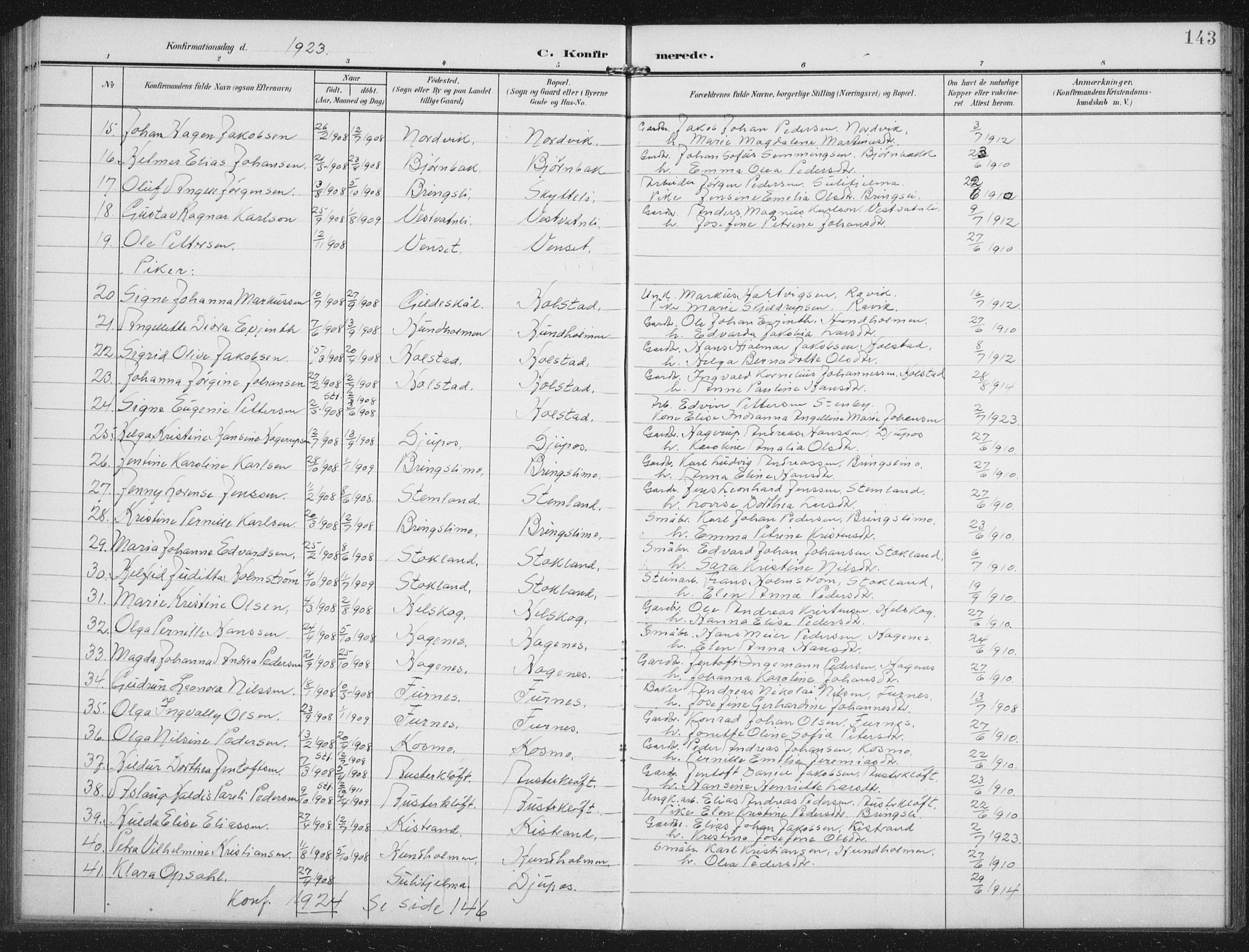 Ministerialprotokoller, klokkerbøker og fødselsregistre - Nordland, AV/SAT-A-1459/851/L0726: Parish register (copy) no. 851C01, 1902-1924, p. 143