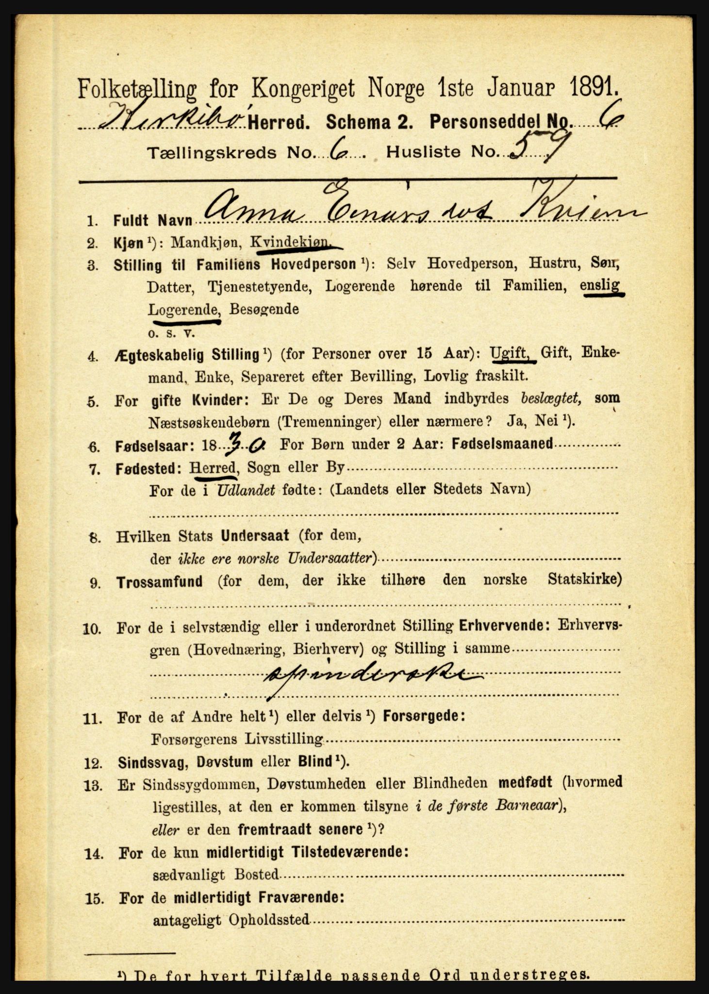 RA, 1891 census for 1416 Kyrkjebø, 1891, p. 1803