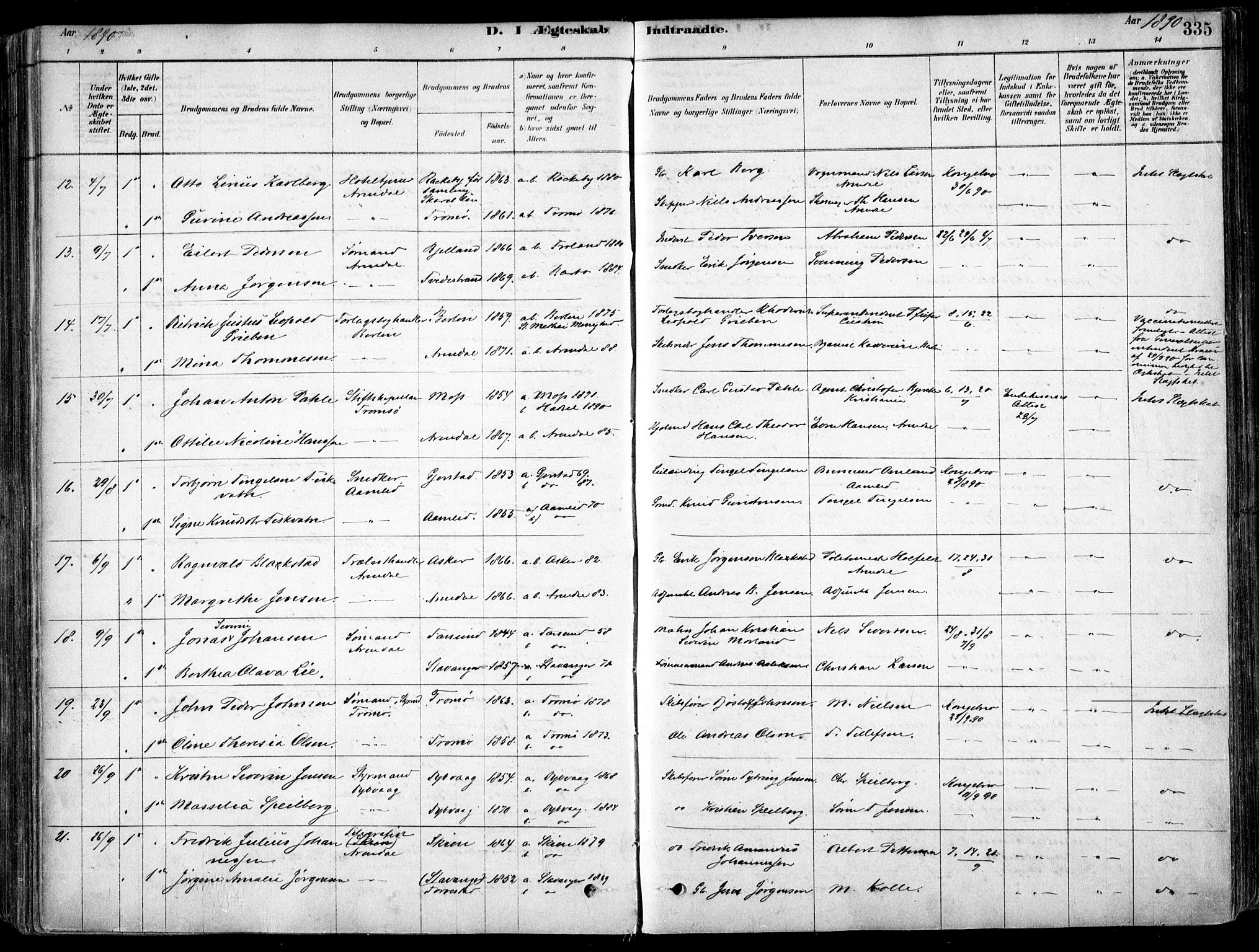 Arendal sokneprestkontor, Trefoldighet, SAK/1111-0040/F/Fa/L0008: Parish register (official) no. A 8, 1878-1899, p. 335