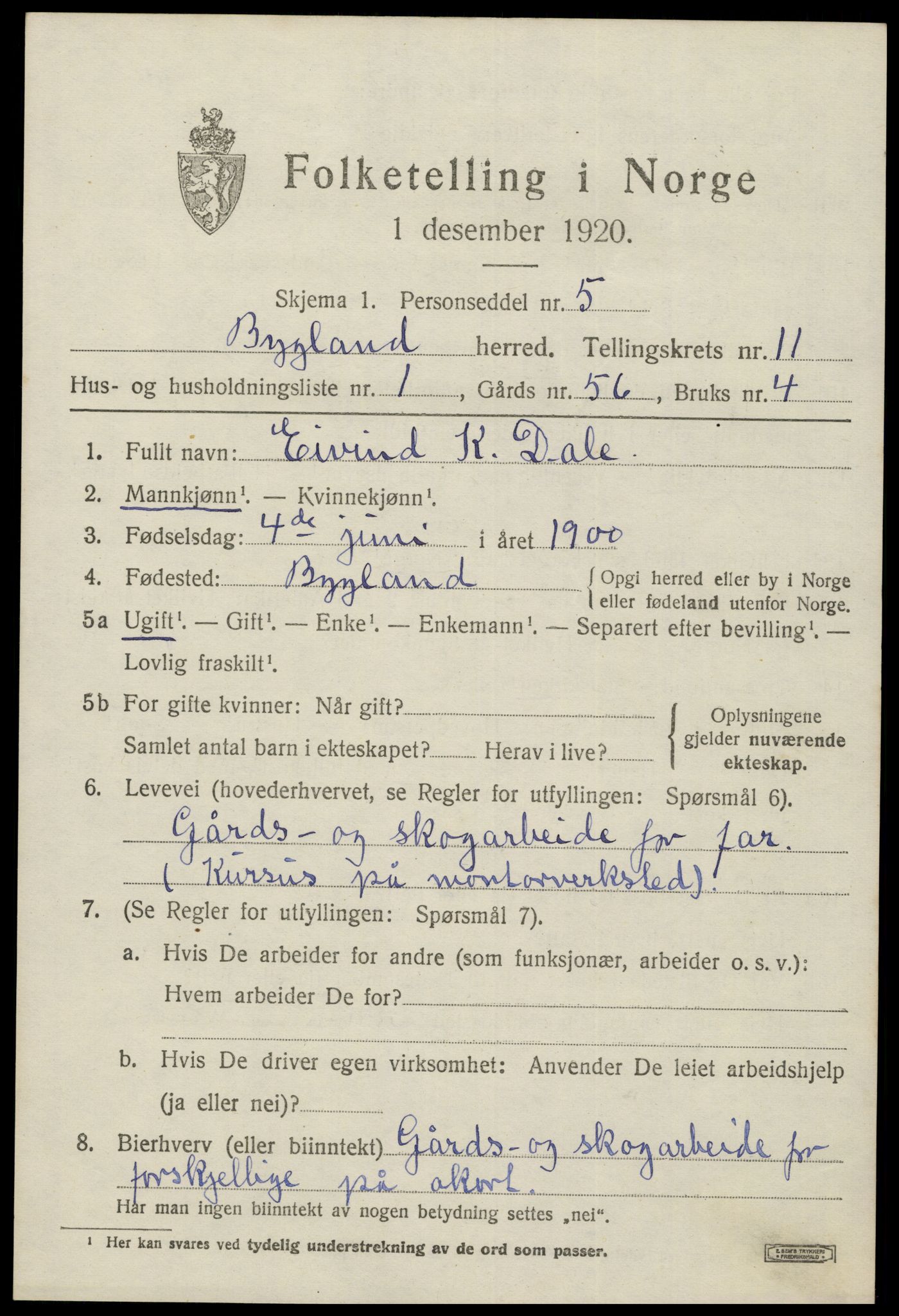 SAK, 1920 census for Bygland, 1920, p. 4133