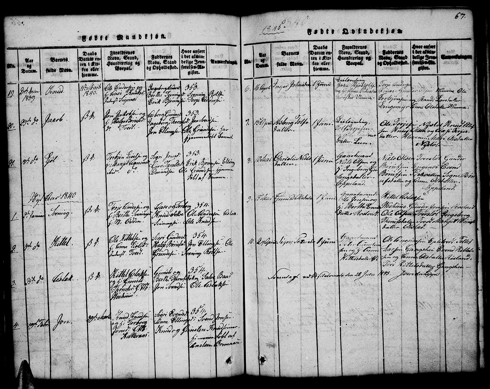 Åmli sokneprestkontor, AV/SAK-1111-0050/F/Fb/Fbc/L0001: Parish register (copy) no. B 1, 1816-1867, p. 67