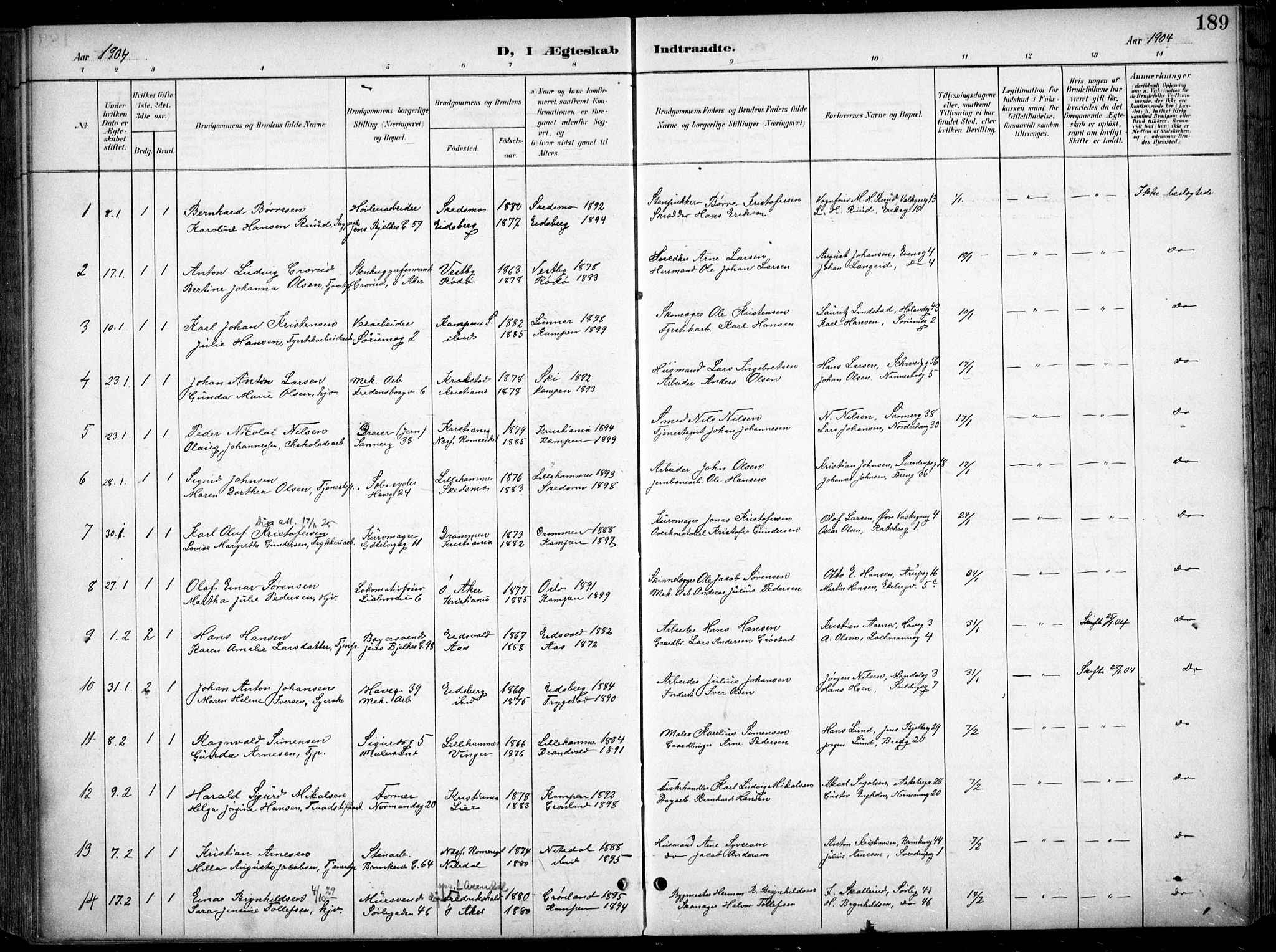 Kampen prestekontor Kirkebøker, AV/SAO-A-10853/F/Fa/L0009: Parish register (official) no. I 9, 1899-1911, p. 189