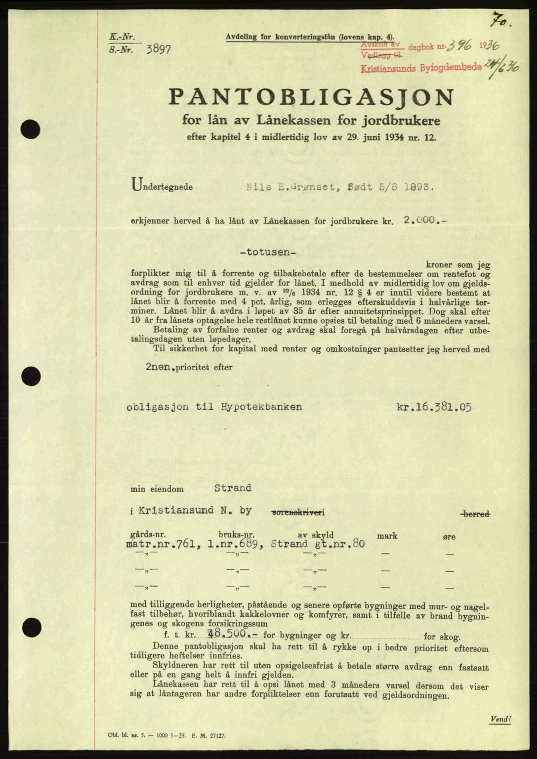 Kristiansund byfogd, AV/SAT-A-4587/A/27: Mortgage book no. 29, 1936-1937, Diary no: : 396/1936