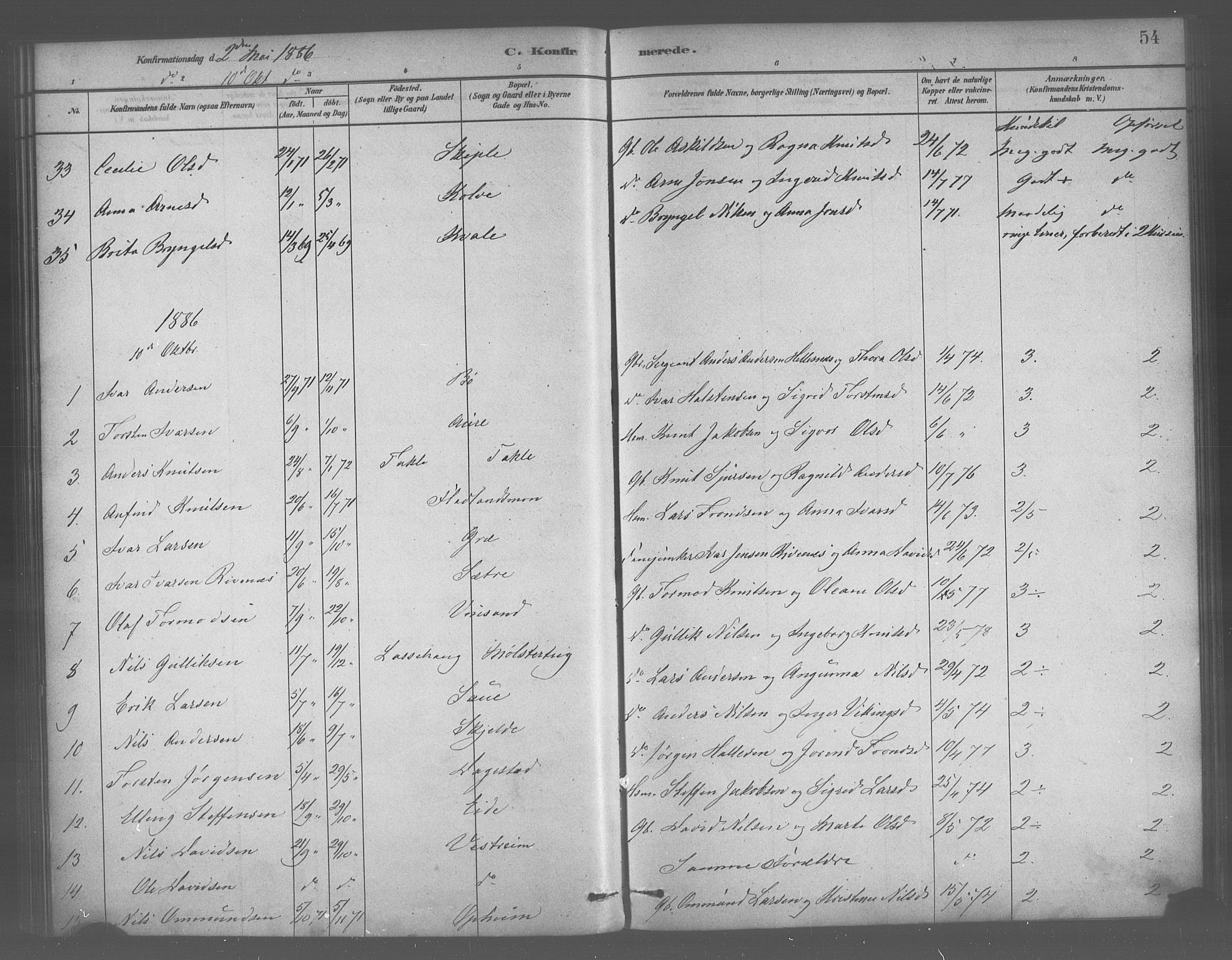 Voss sokneprestembete, SAB/A-79001/H/Haa: Parish register (official) no. B 1, 1877-1899, p. 54