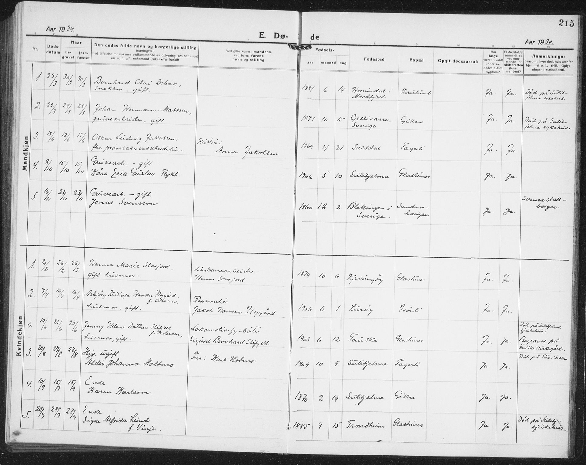 Ministerialprotokoller, klokkerbøker og fødselsregistre - Nordland, AV/SAT-A-1459/850/L0718: Parish register (copy) no. 850C02, 1921-1941, p. 215