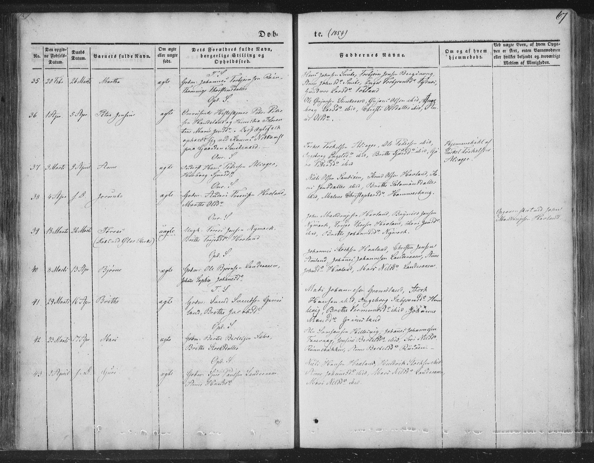 Tysnes sokneprestembete, AV/SAB-A-78601/H/Haa: Parish register (official) no. A 10, 1848-1859, p. 67