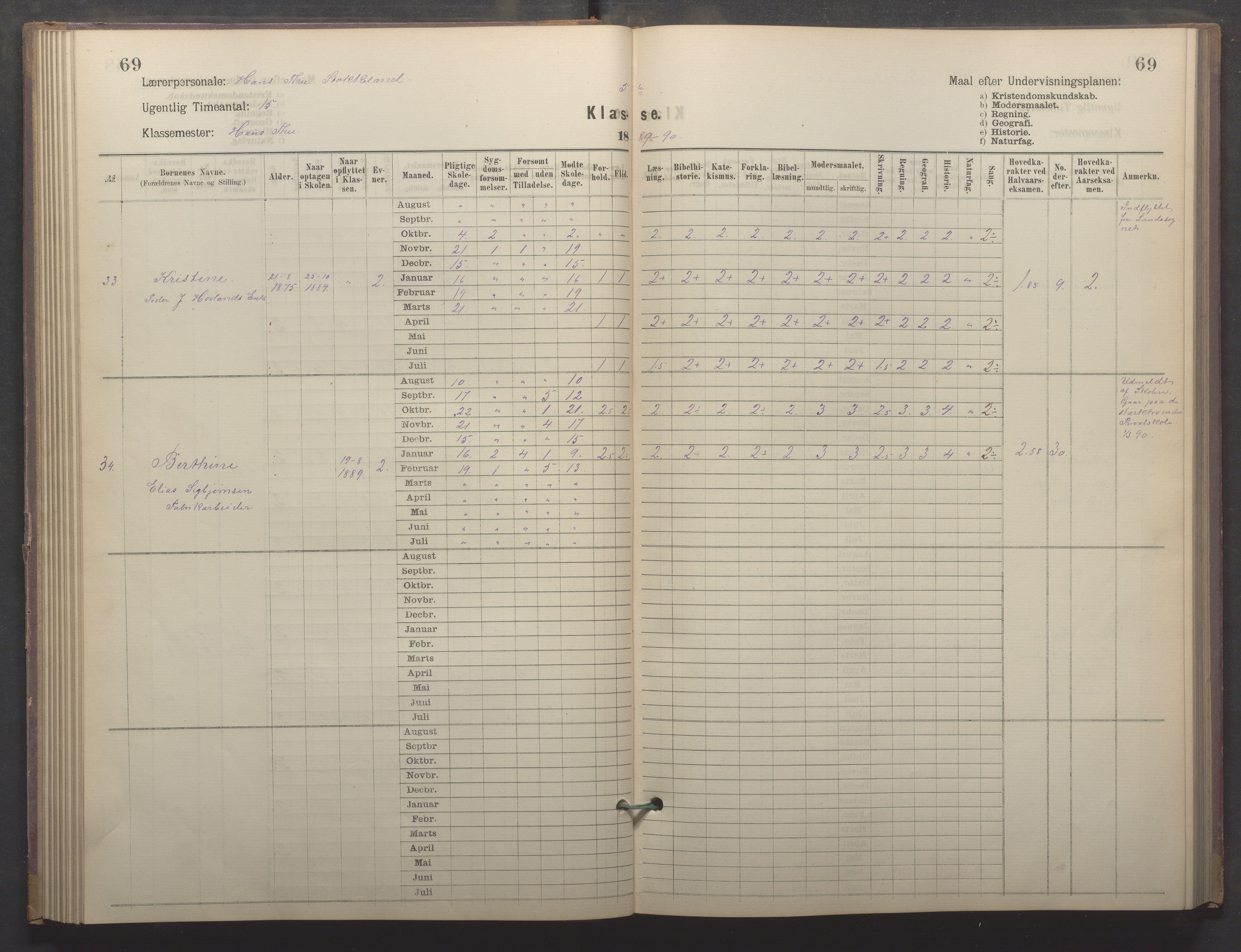 Egersund kommune (Ladested) - Egersund almueskole/folkeskole, IKAR/K-100521/H/L0022: Skoleprotokoll - Almueskolen, 5. klasse, 1886-1892, p. 69