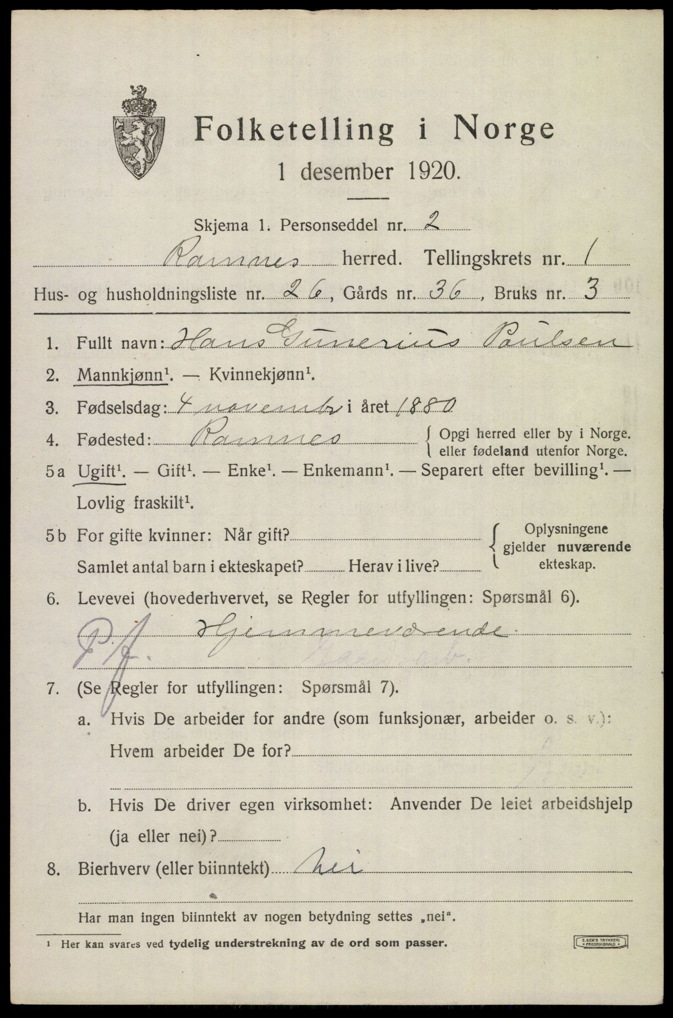 SAKO, 1920 census for Ramnes, 1920, p. 1456