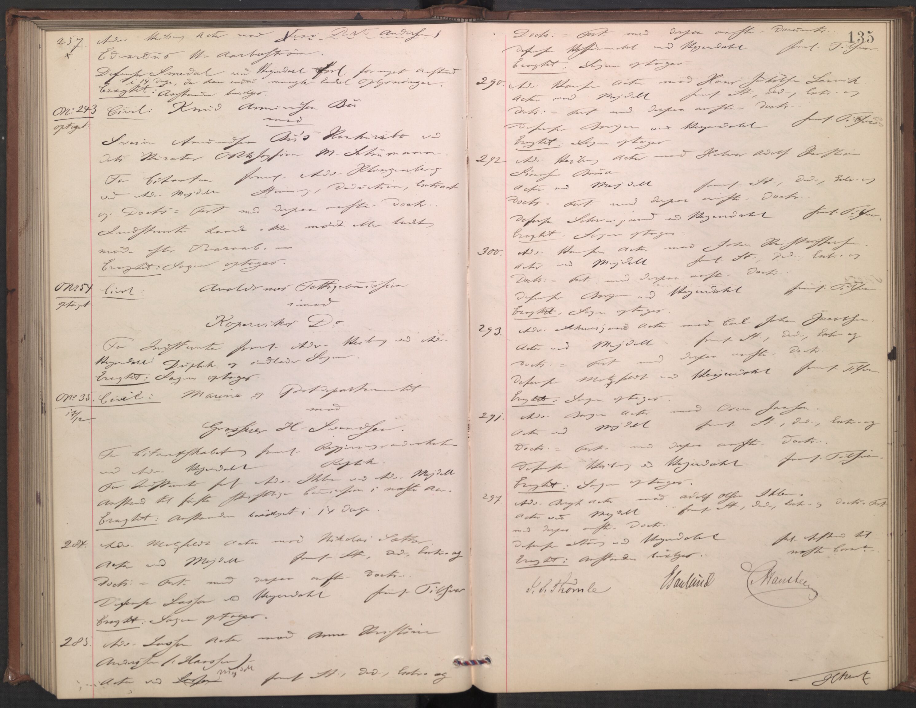 Høyesterett, AV/RA-S-1002/E/Ef/L0015: Protokoll over saker som gikk til skriftlig behandling, 1884-1888, p. 134b-135a