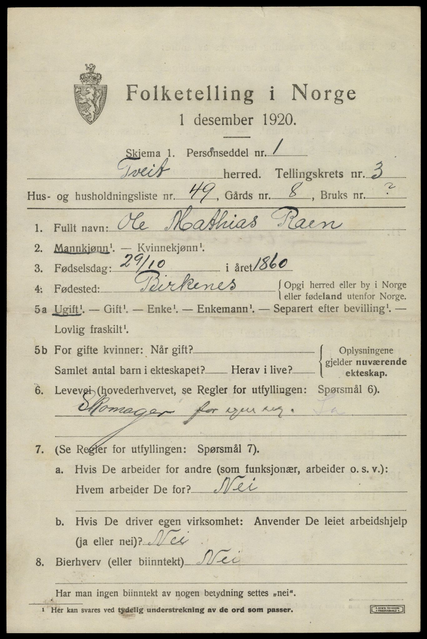 SAK, 1920 census for Tveit, 1920, p. 1976