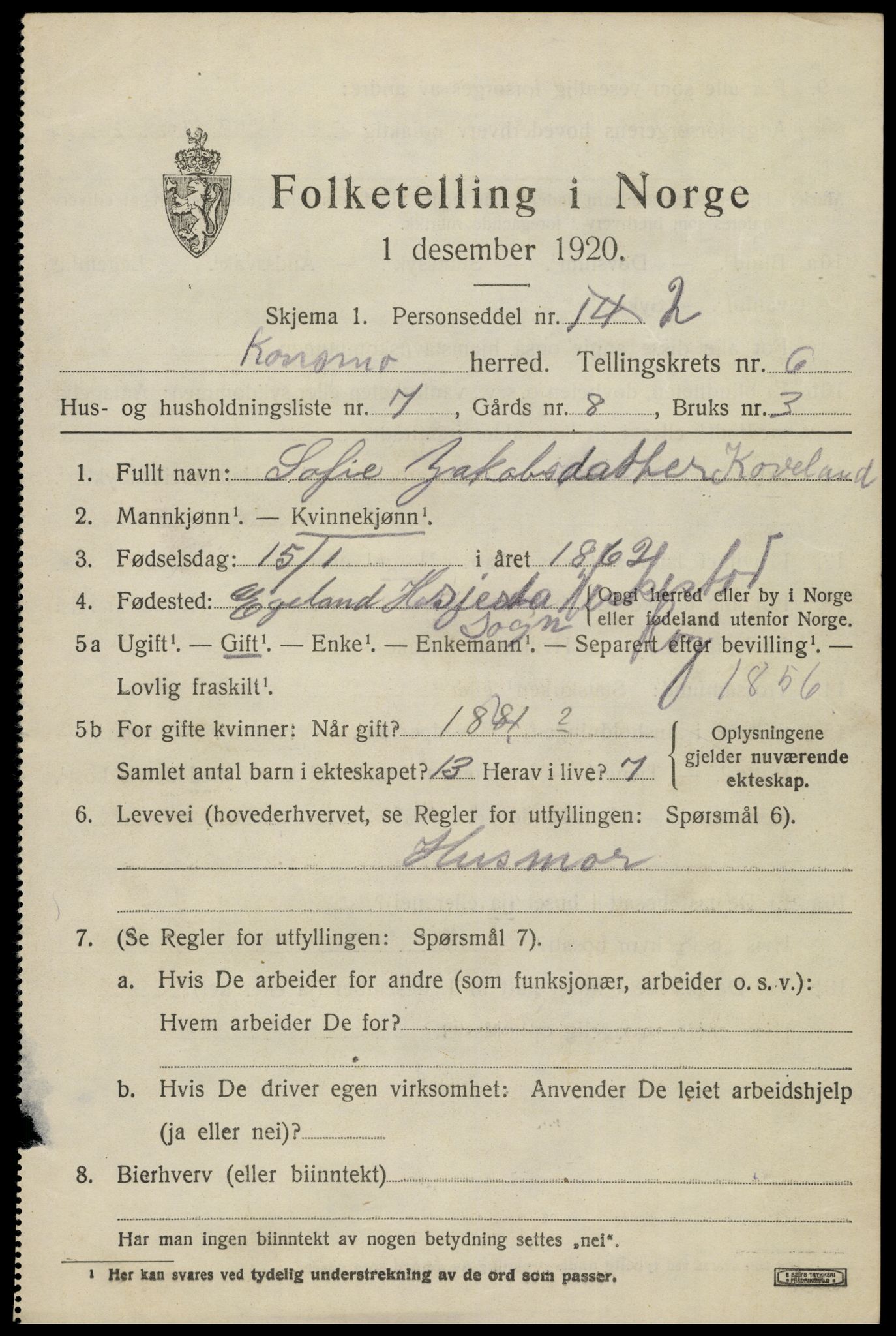 SAK, 1920 census for Konsmo, 1920, p. 1428