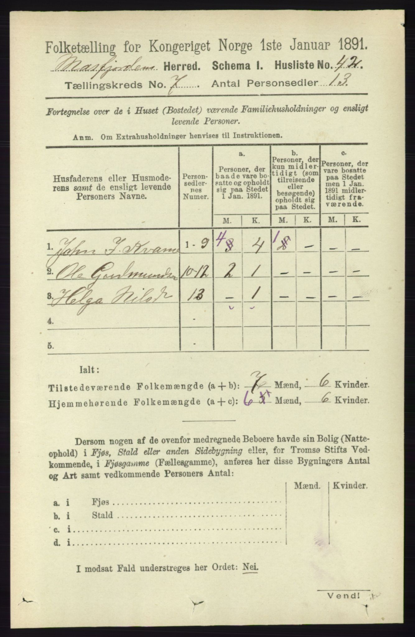 RA, 1891 census for 1266 Masfjorden, 1891, p. 1177