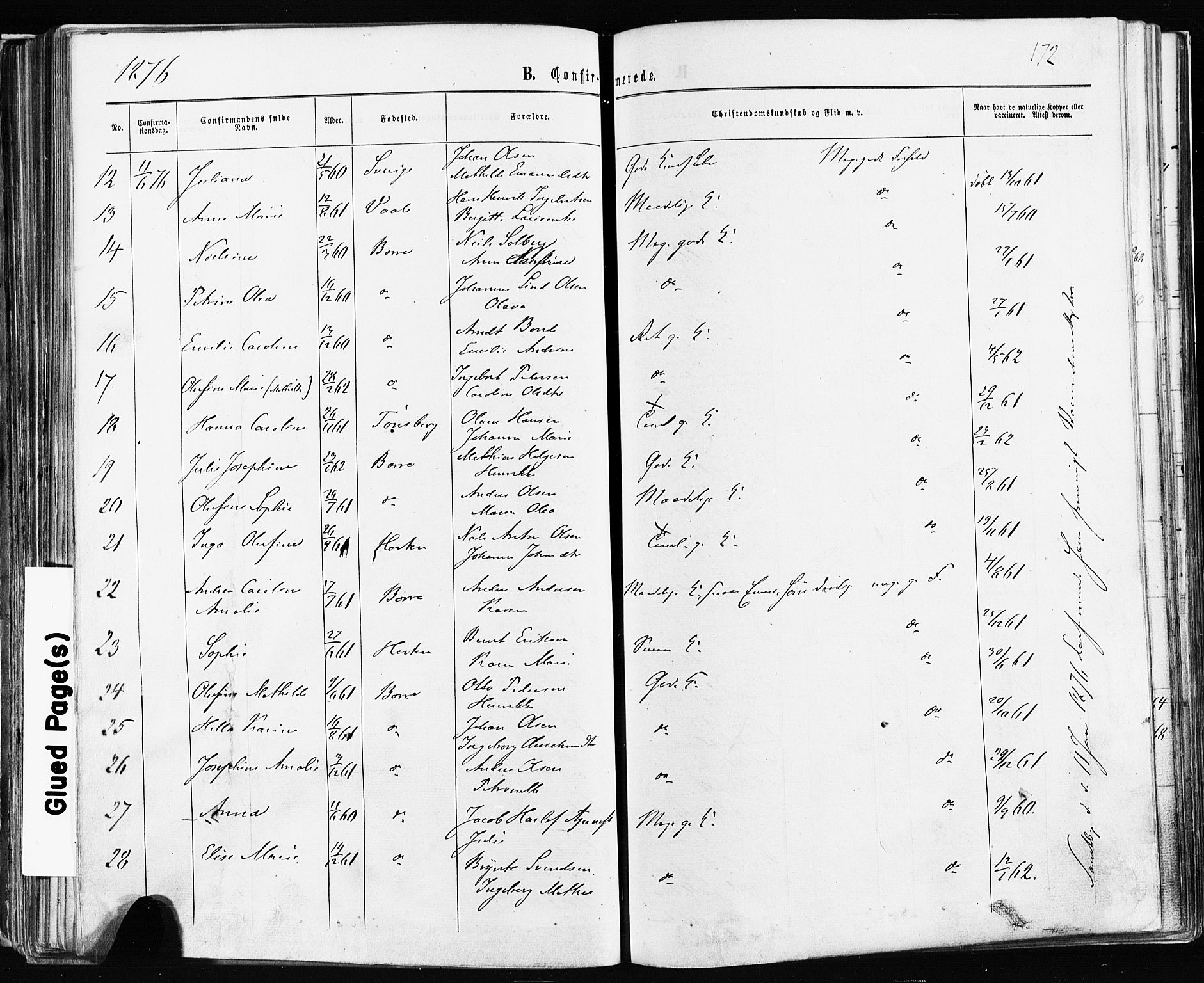 Borre kirkebøker, AV/SAKO-A-338/F/Fa/L0008: Parish register (official) no. I 8, 1868-1877, p. 172