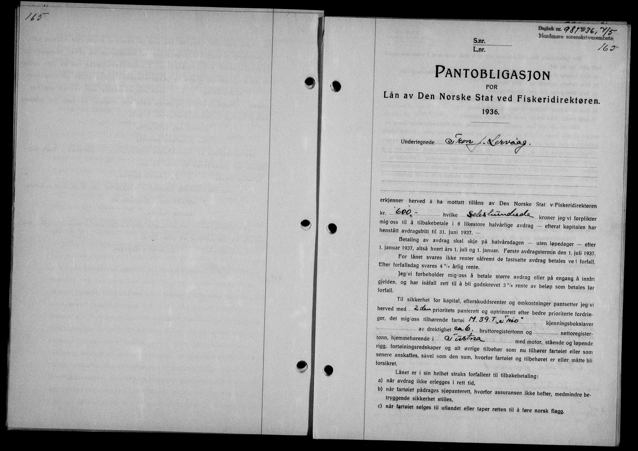 Nordmøre sorenskriveri, AV/SAT-A-4132/1/2/2Ca/L0088: Mortgage book no. 78, 1936-1936, Diary no: : 981/1936