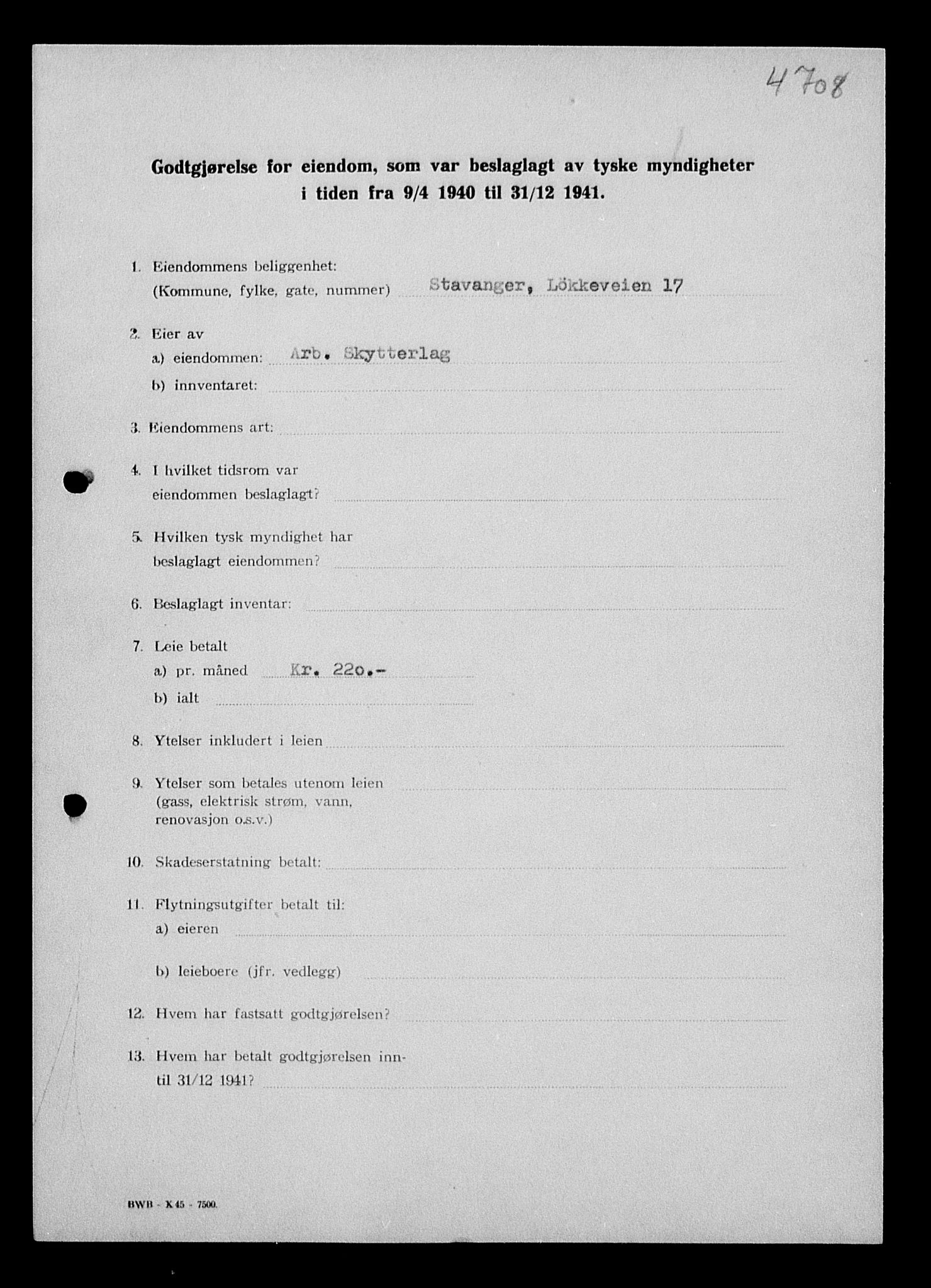 Justisdepartementet, Tilbakeføringskontoret for inndratte formuer, AV/RA-S-1564/I/L1014: Godtgjørelse for beslaglagt eiendom, 1940-1941, p. 123
