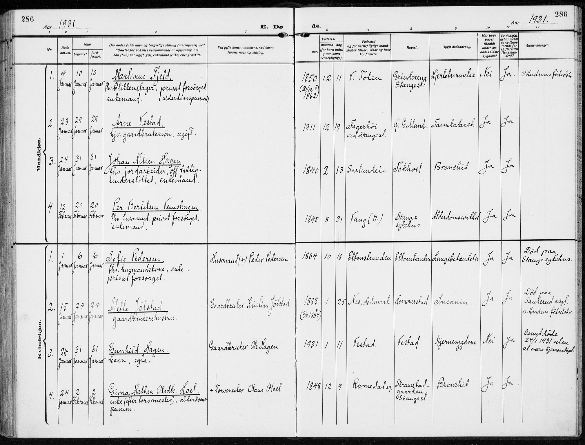 Stange prestekontor, SAH/PREST-002/K/L0026: Parish register (official) no. 26, 1923-1937, p. 286