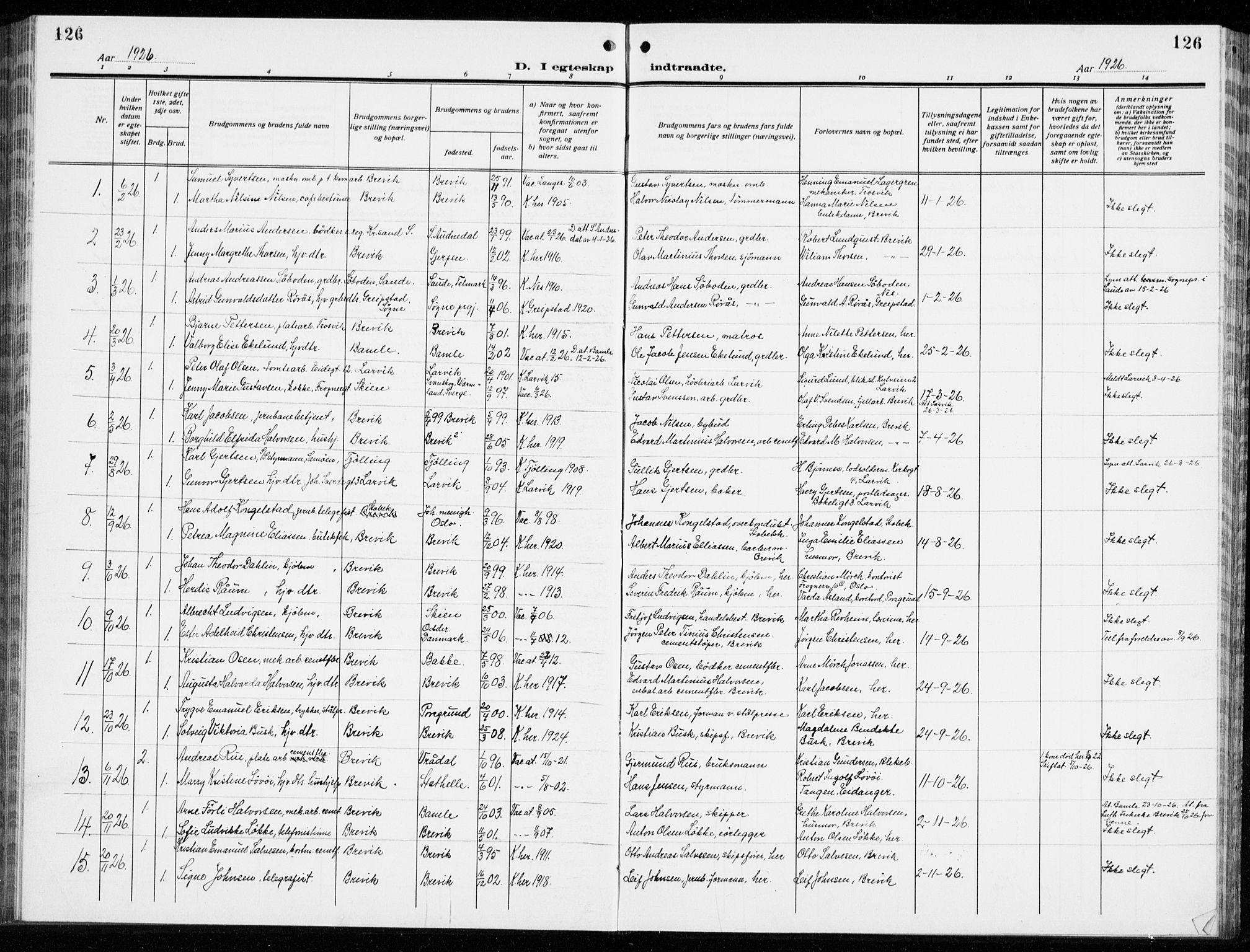 Brevik kirkebøker, SAKO/A-255/G/Ga/L0006: Parish register (copy) no. 6, 1922-1940, p. 126