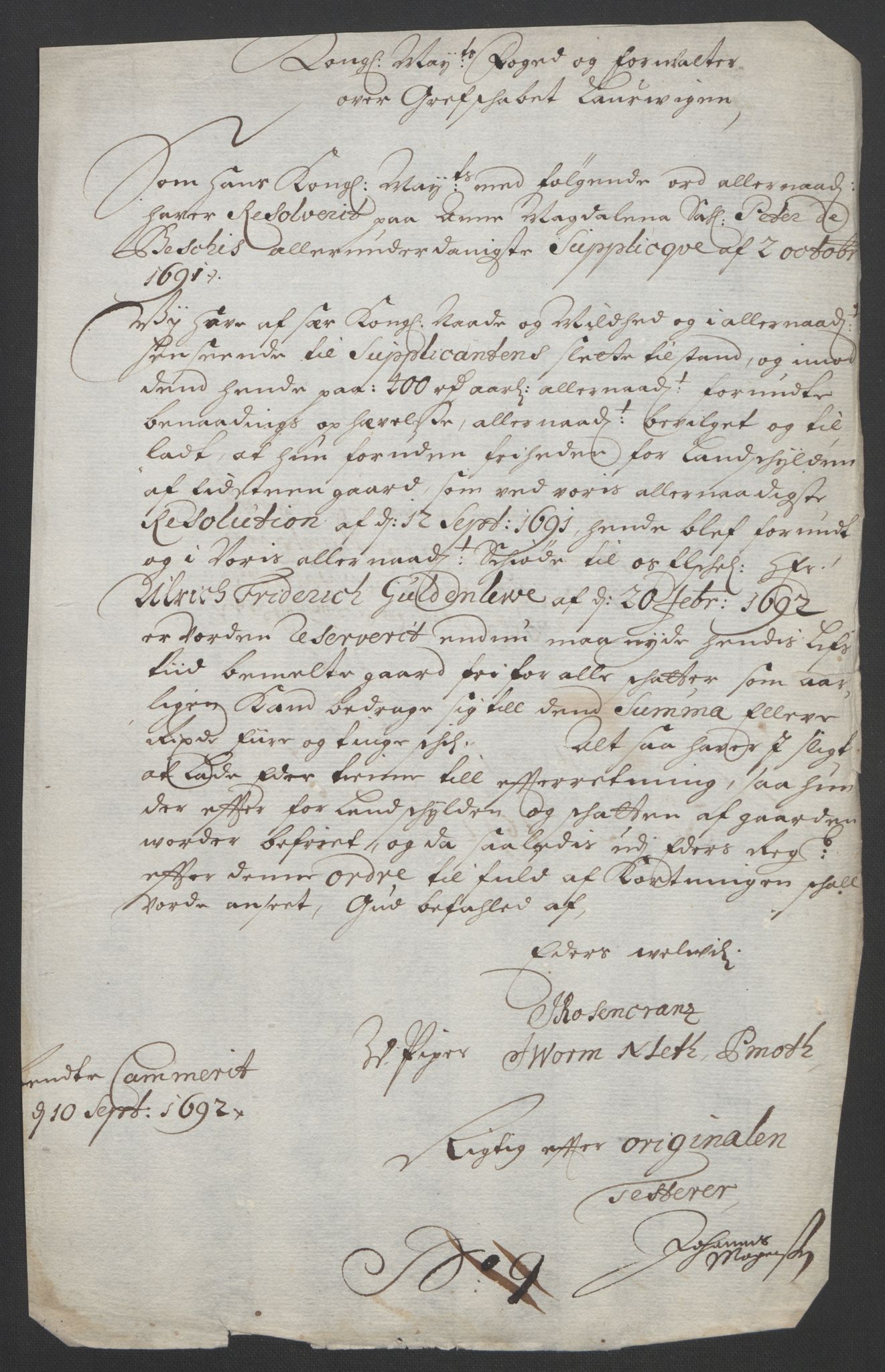 Rentekammeret inntil 1814, Reviderte regnskaper, Fogderegnskap, AV/RA-EA-4092/R33/L1973: Fogderegnskap Larvik grevskap, 1692, p. 212