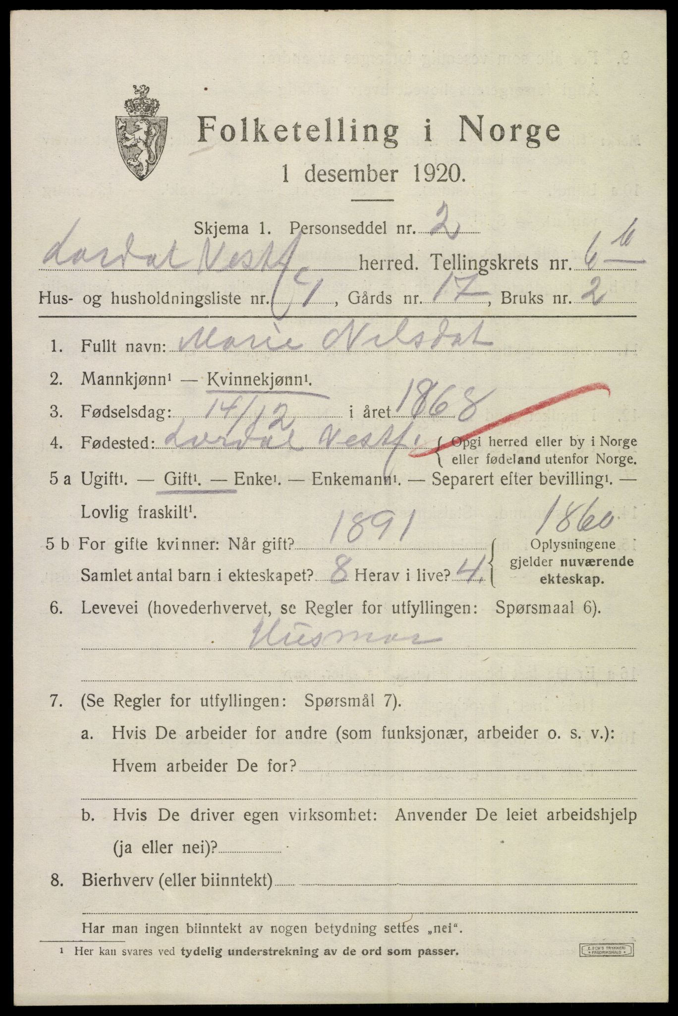 SAKO, 1920 census for Lardal, 1920, p. 5831