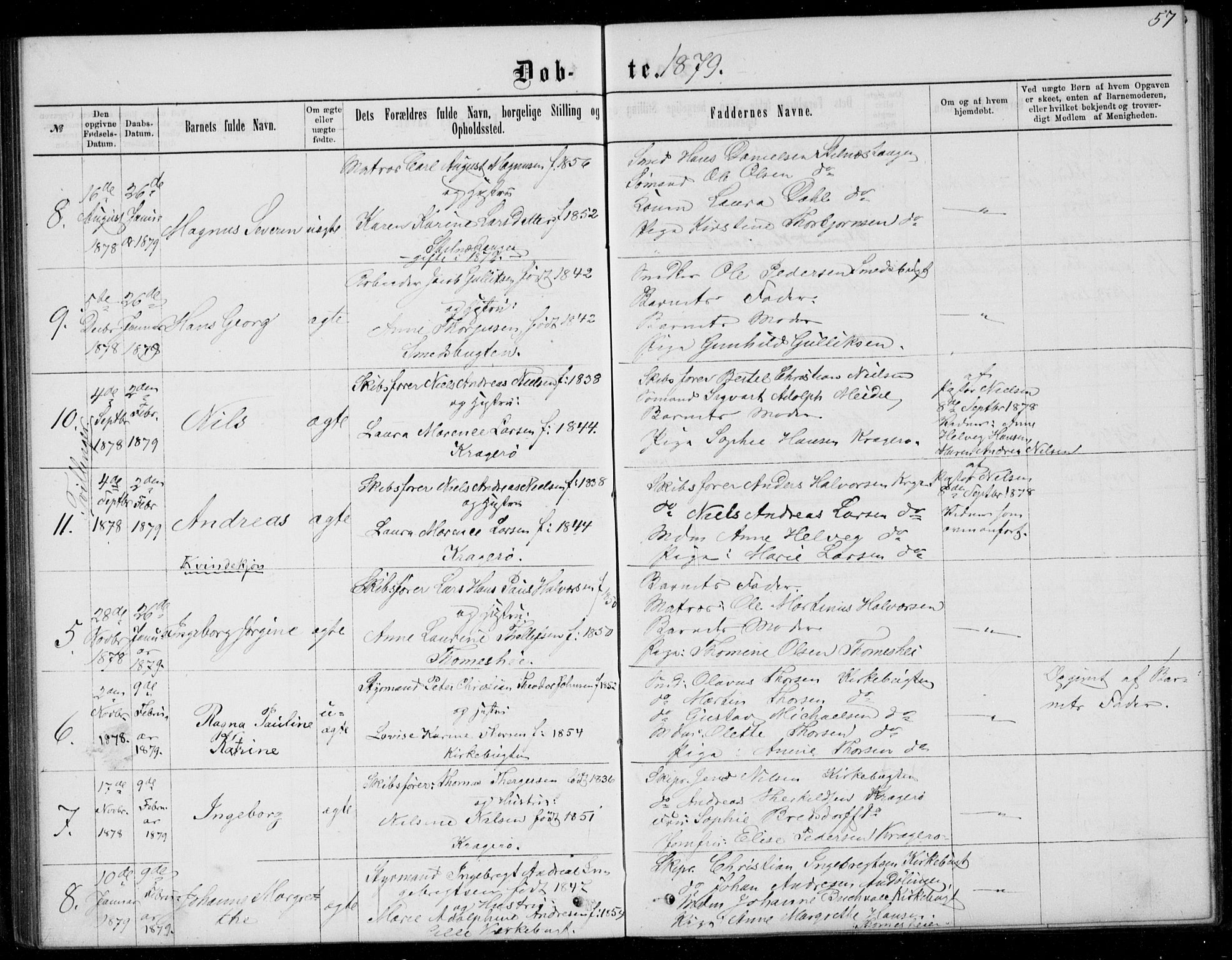 Kragerø kirkebøker, AV/SAKO-A-278/G/Ga/L0006: Parish register (copy) no. 6, 1876-1881, p. 57