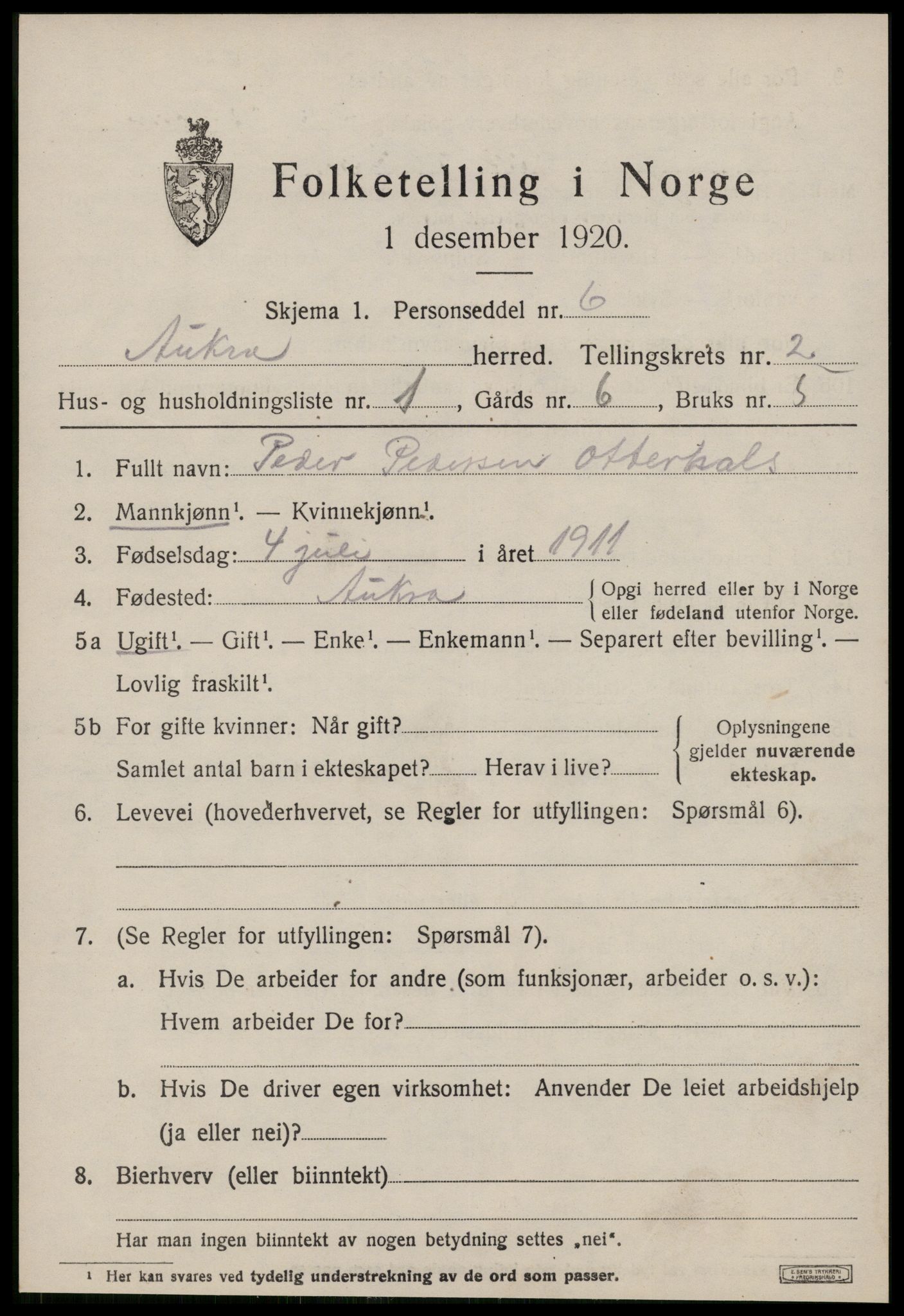 SAT, 1920 census for Aukra, 1920, p. 1621