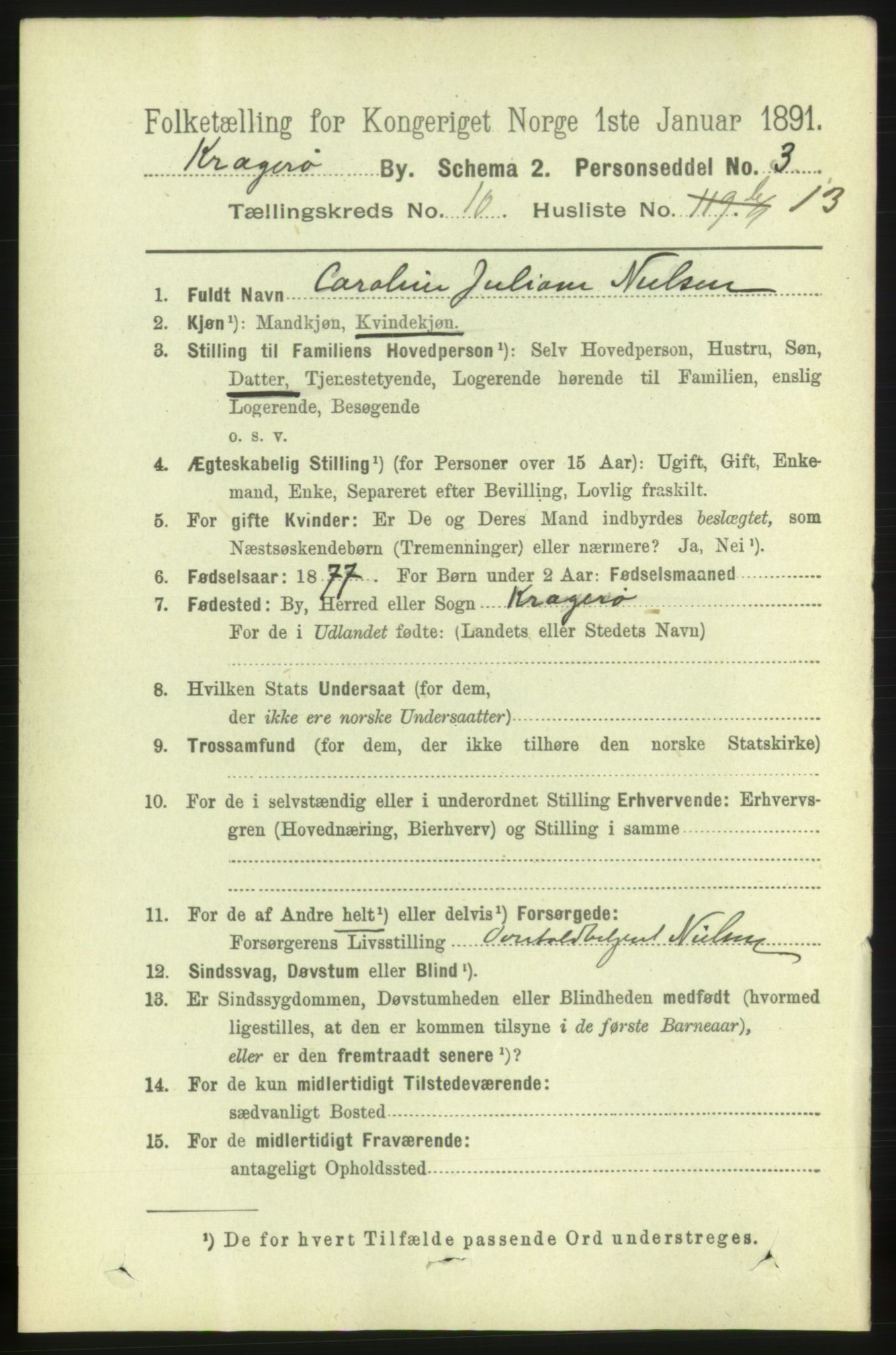 RA, 1891 census for 0801 Kragerø, 1891, p. 3843