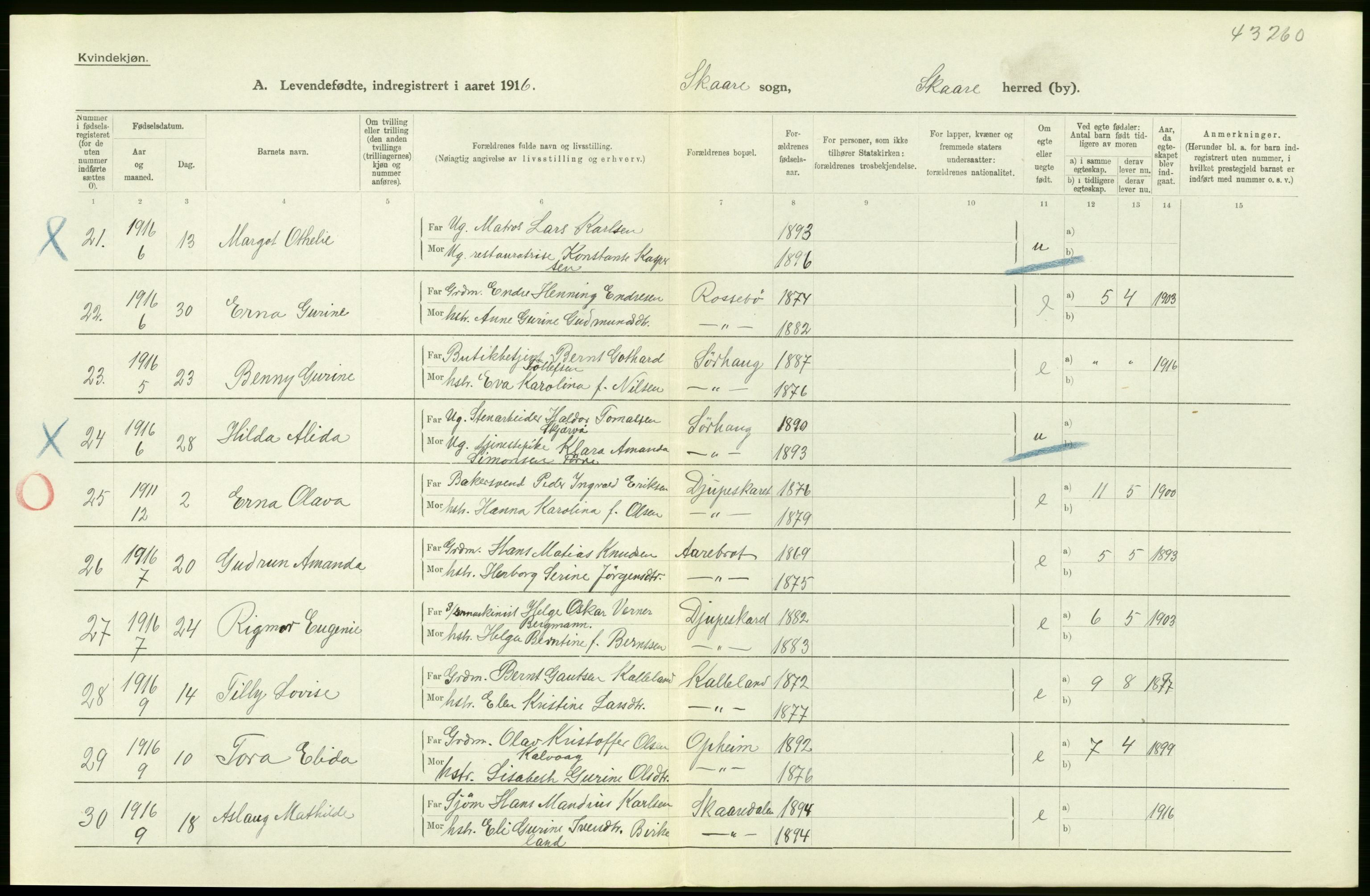 Statistisk sentralbyrå, Sosiodemografiske emner, Befolkning, AV/RA-S-2228/D/Df/Dfb/Dfbf/L0029: Stavanger amt: Levendefødte menn og kvinner. Bygder., 1916, p. 14