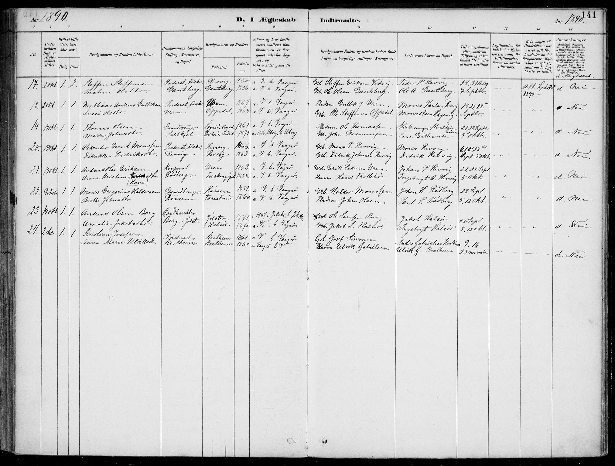 Selje sokneprestembete, SAB/A-99938/H/Ha/Haa/Haac/L0002: Parish register (official) no. C  2, 1889-1904, p. 141