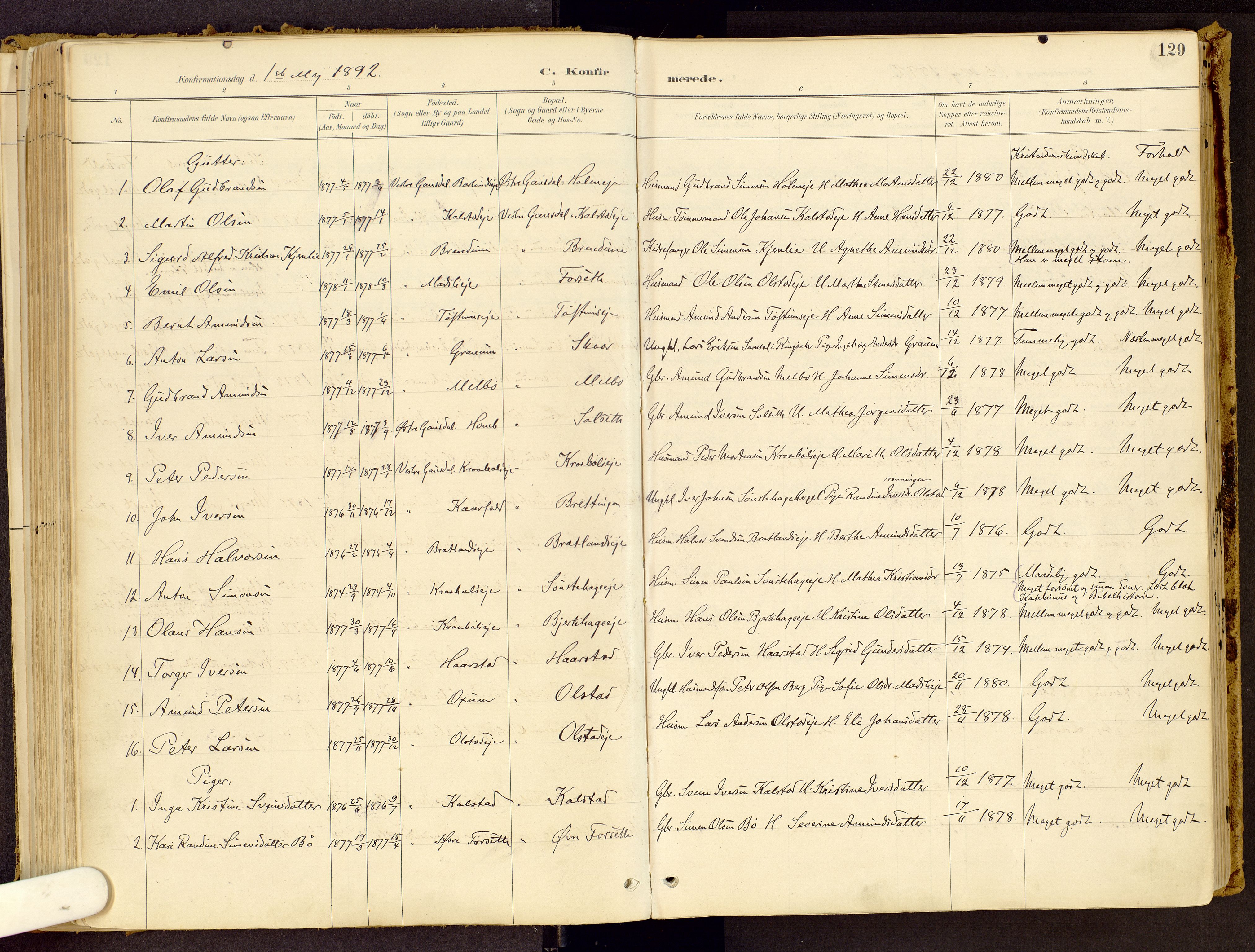 Vestre Gausdal prestekontor, SAH/PREST-094/H/Ha/Haa/L0001: Parish register (official) no. 1, 1887-1914, p. 129