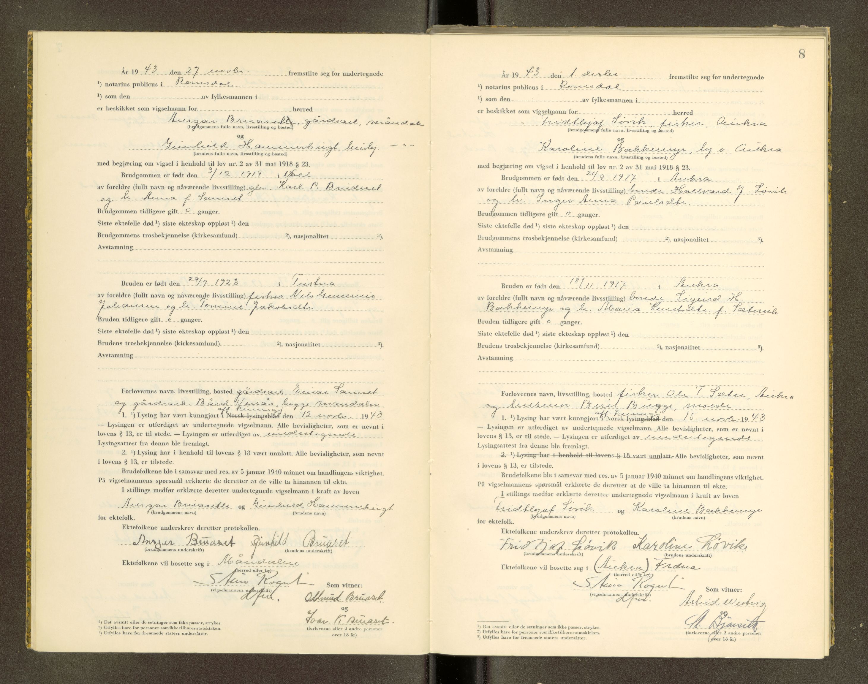 Romsdal sorenskriveri, AV/SAT-A-4149/1/6/6D/L0007: Vigselbok, 1943-1944, p. 8