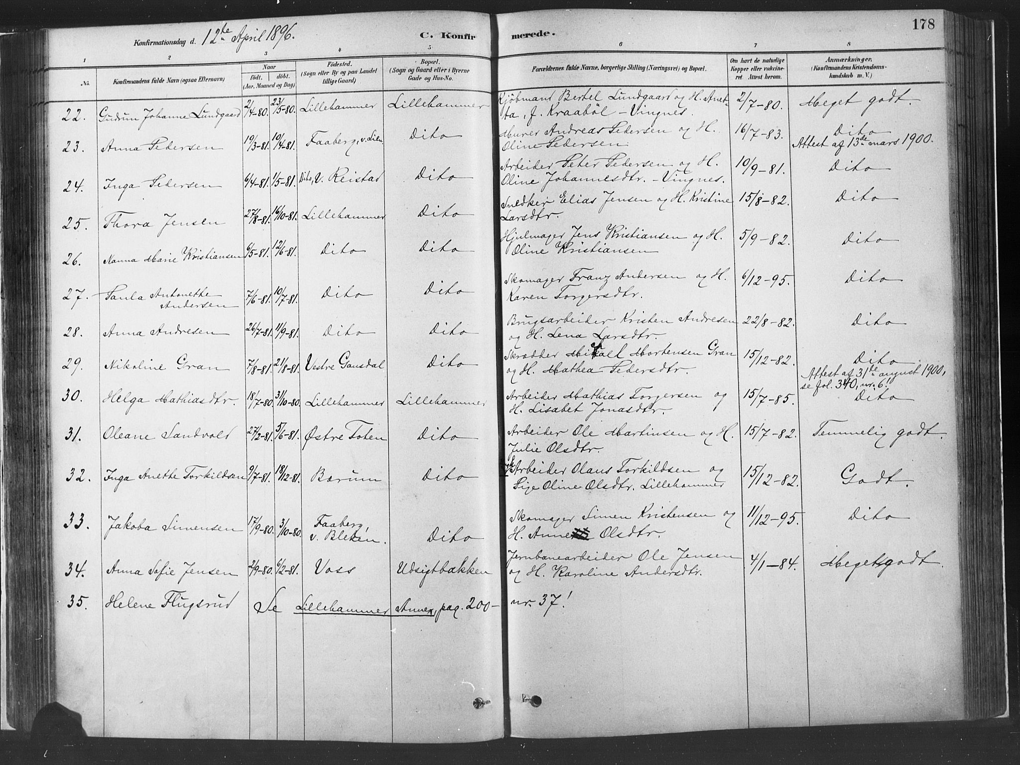 Fåberg prestekontor, SAH/PREST-086/H/Ha/Haa/L0010: Parish register (official) no. 10, 1879-1900, p. 178