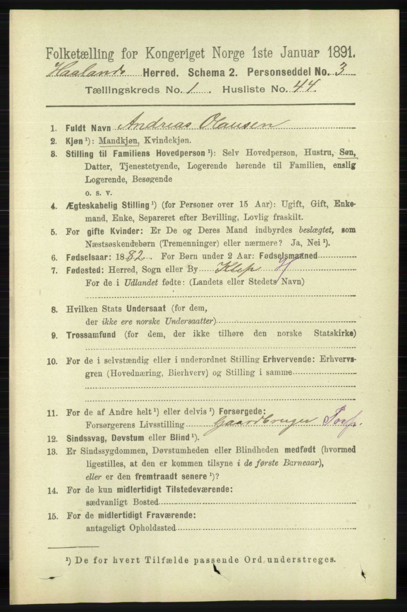 RA, 1891 census for 1124 Haaland, 1891, p. 440