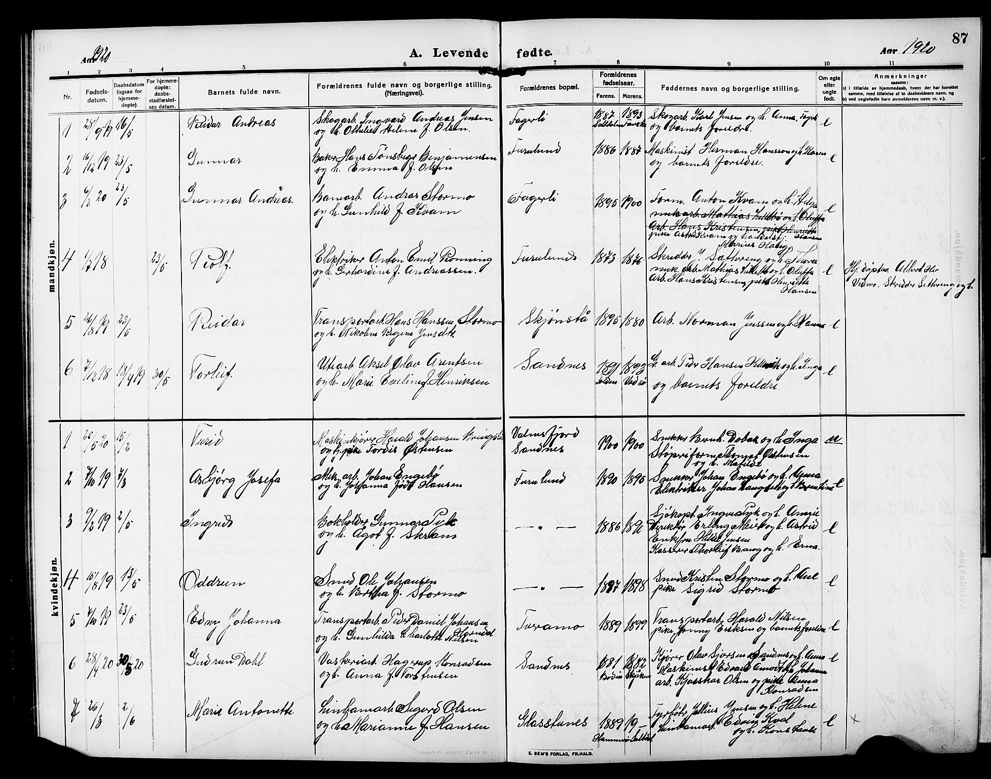 Ministerialprotokoller, klokkerbøker og fødselsregistre - Nordland, AV/SAT-A-1459/850/L0710: Parish register (official) no. 850A02, 1910-1920, p. 87