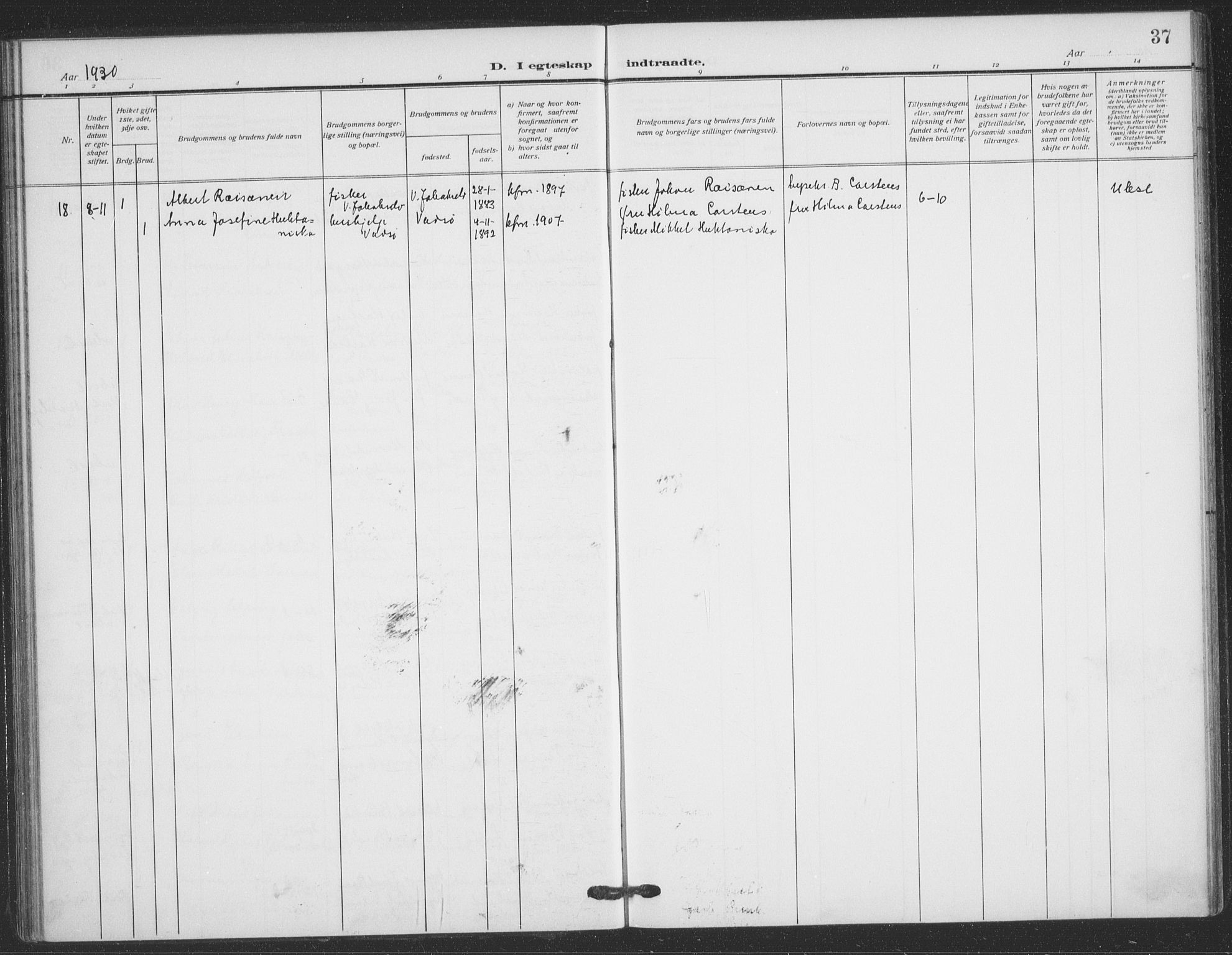 Vadsø sokneprestkontor, AV/SATØ-S-1325/H/Ha/L0008kirke: Parish register (official) no. 8, 1912-1930, p. 37